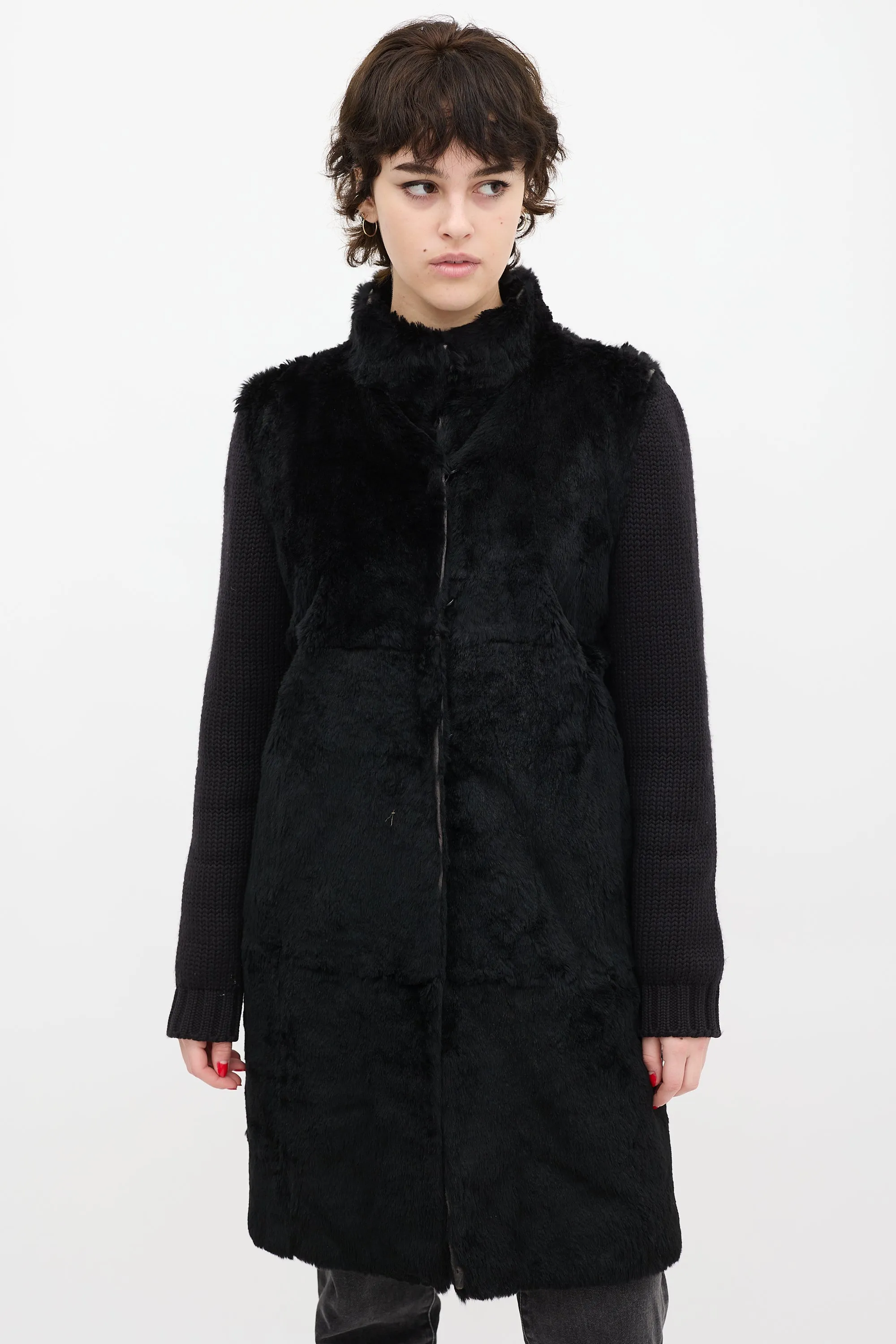 Black Wool Knit & Fur Coat
