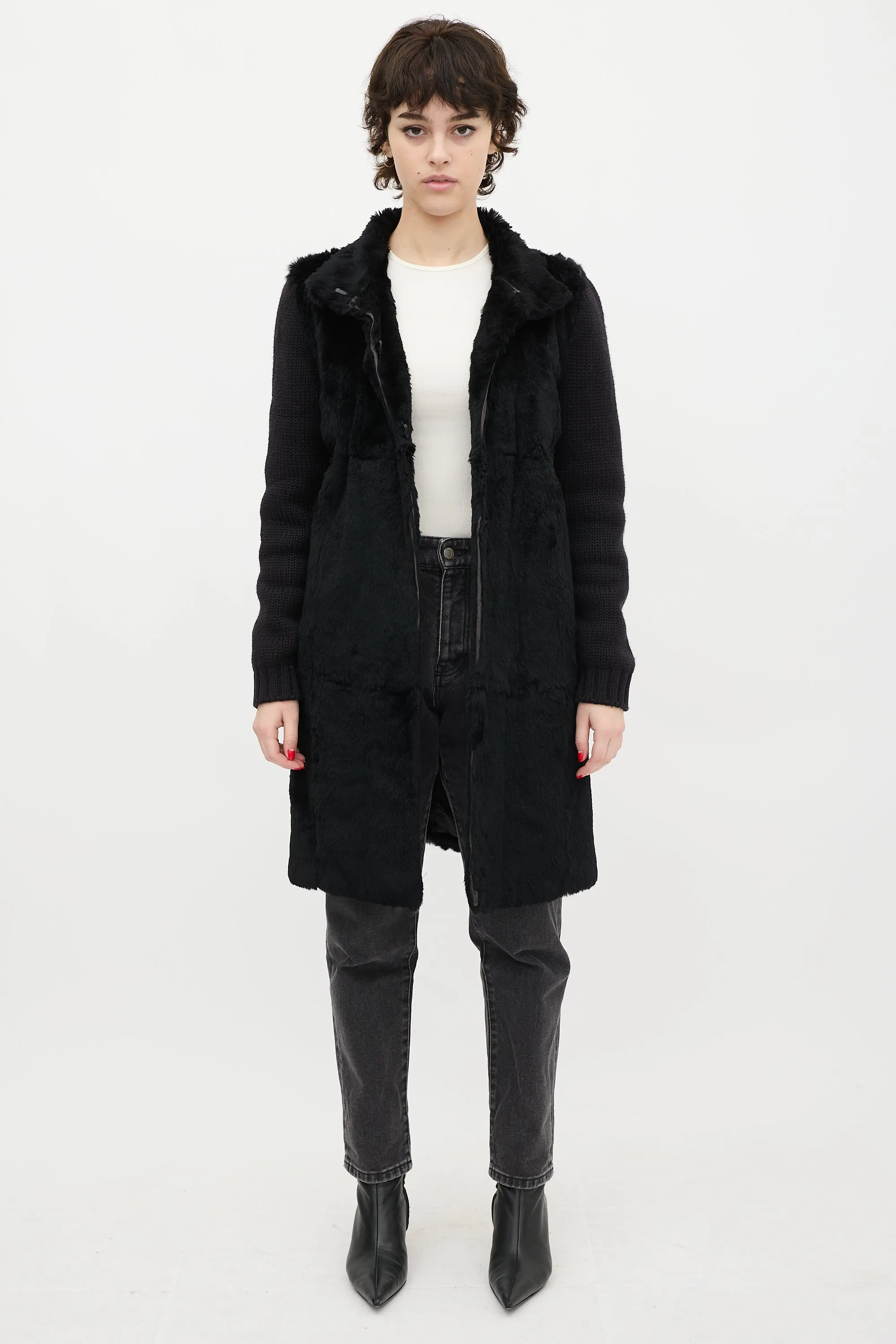 Black Wool Knit & Fur Coat