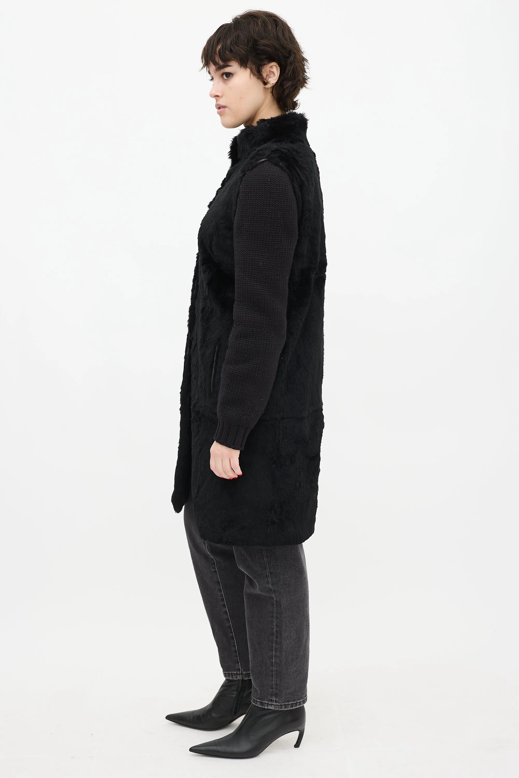 Black Wool Knit & Fur Coat