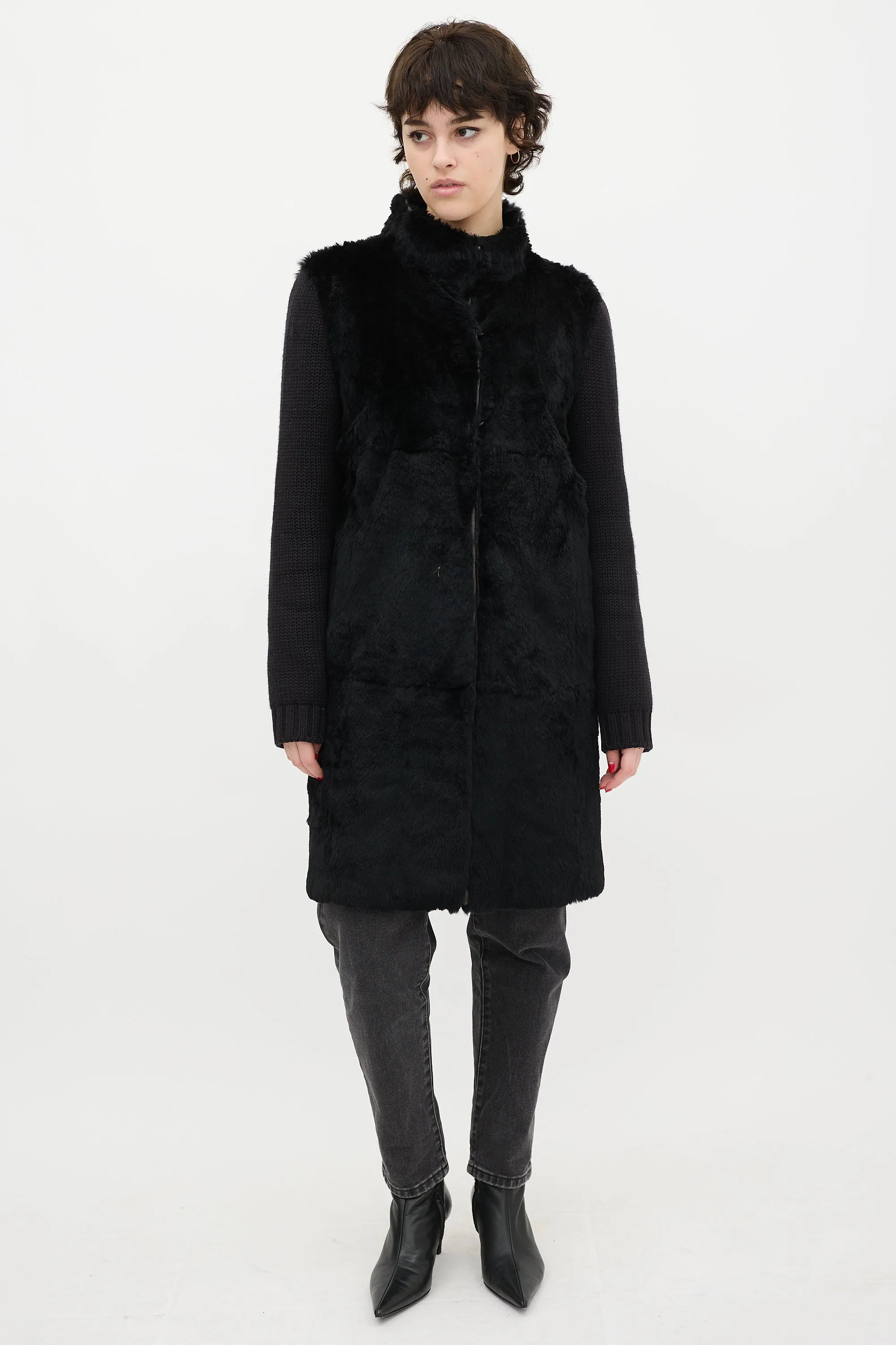 Black Wool Knit & Fur Coat