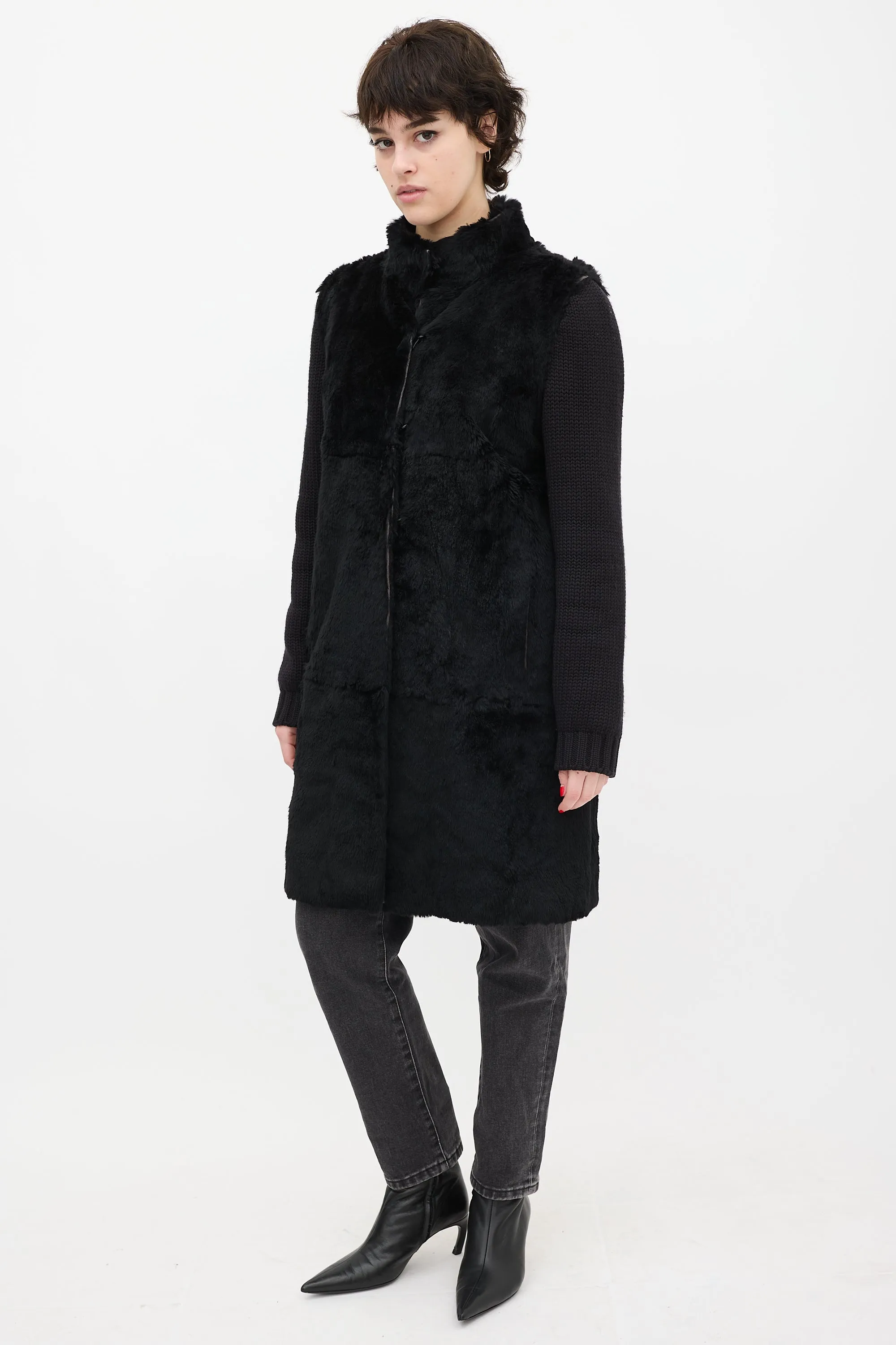 Black Wool Knit & Fur Coat