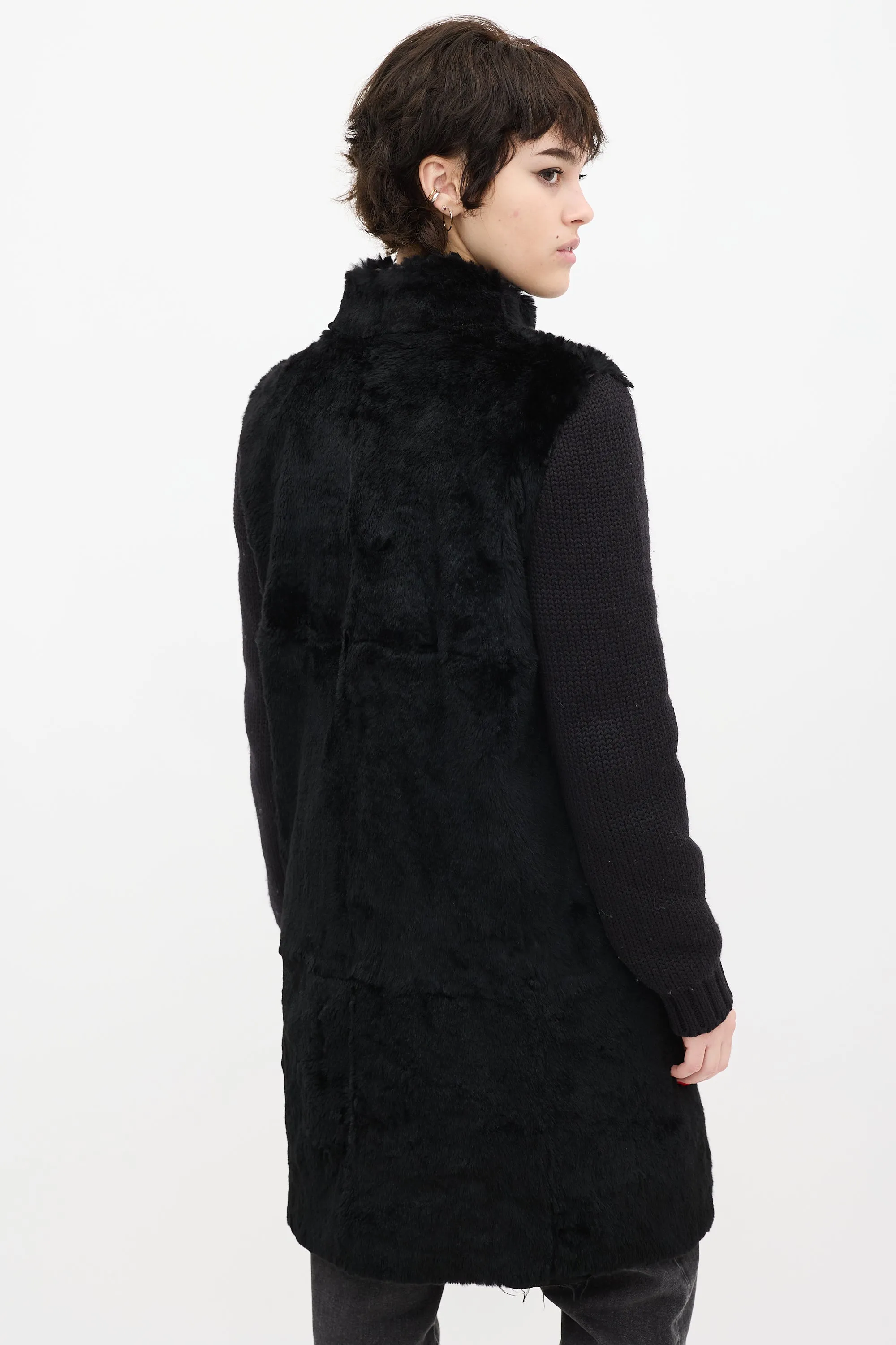 Black Wool Knit & Fur Coat