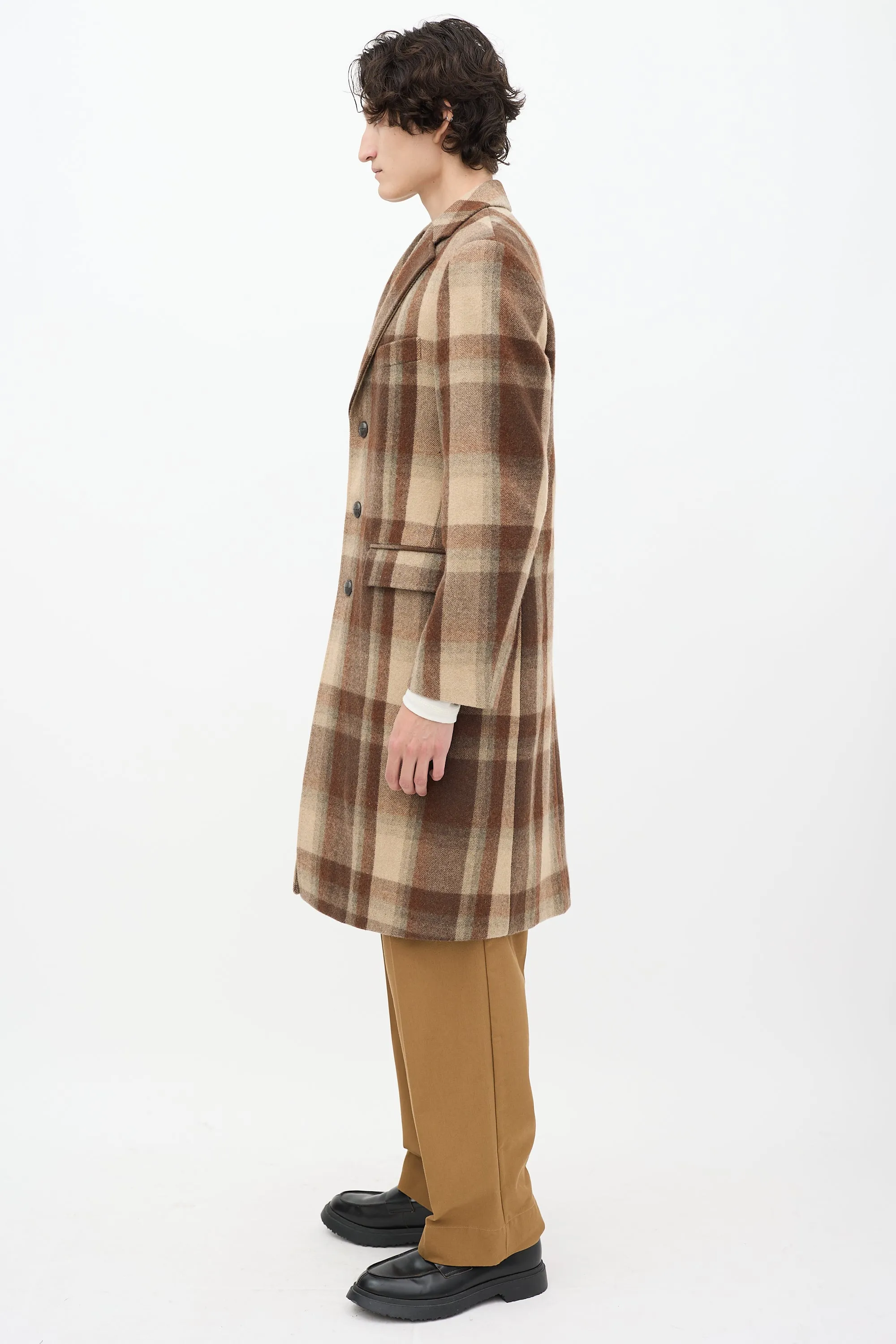 Brown Wool Check Long Coat