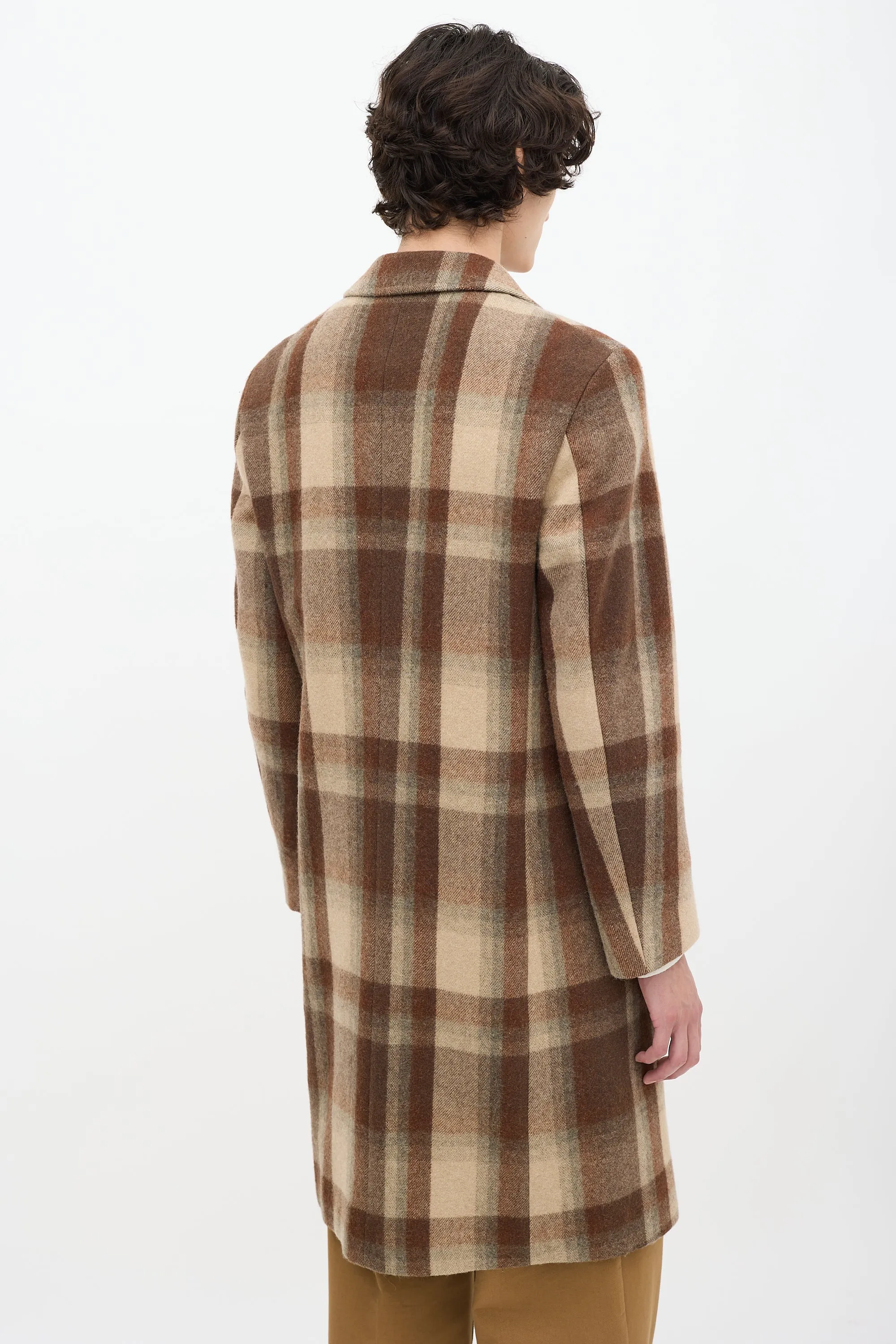 Brown Wool Check Long Coat