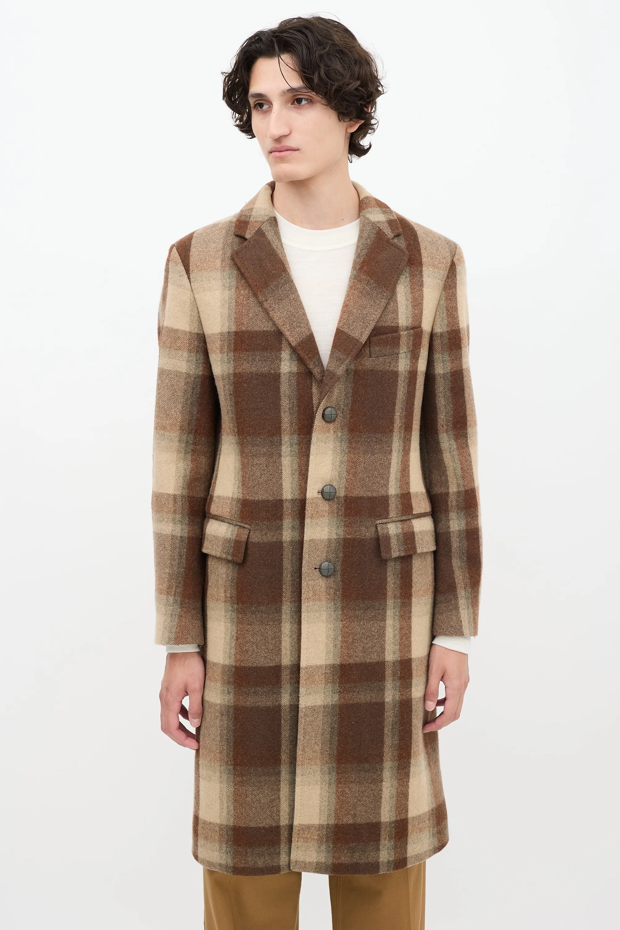 Brown Wool Check Long Coat