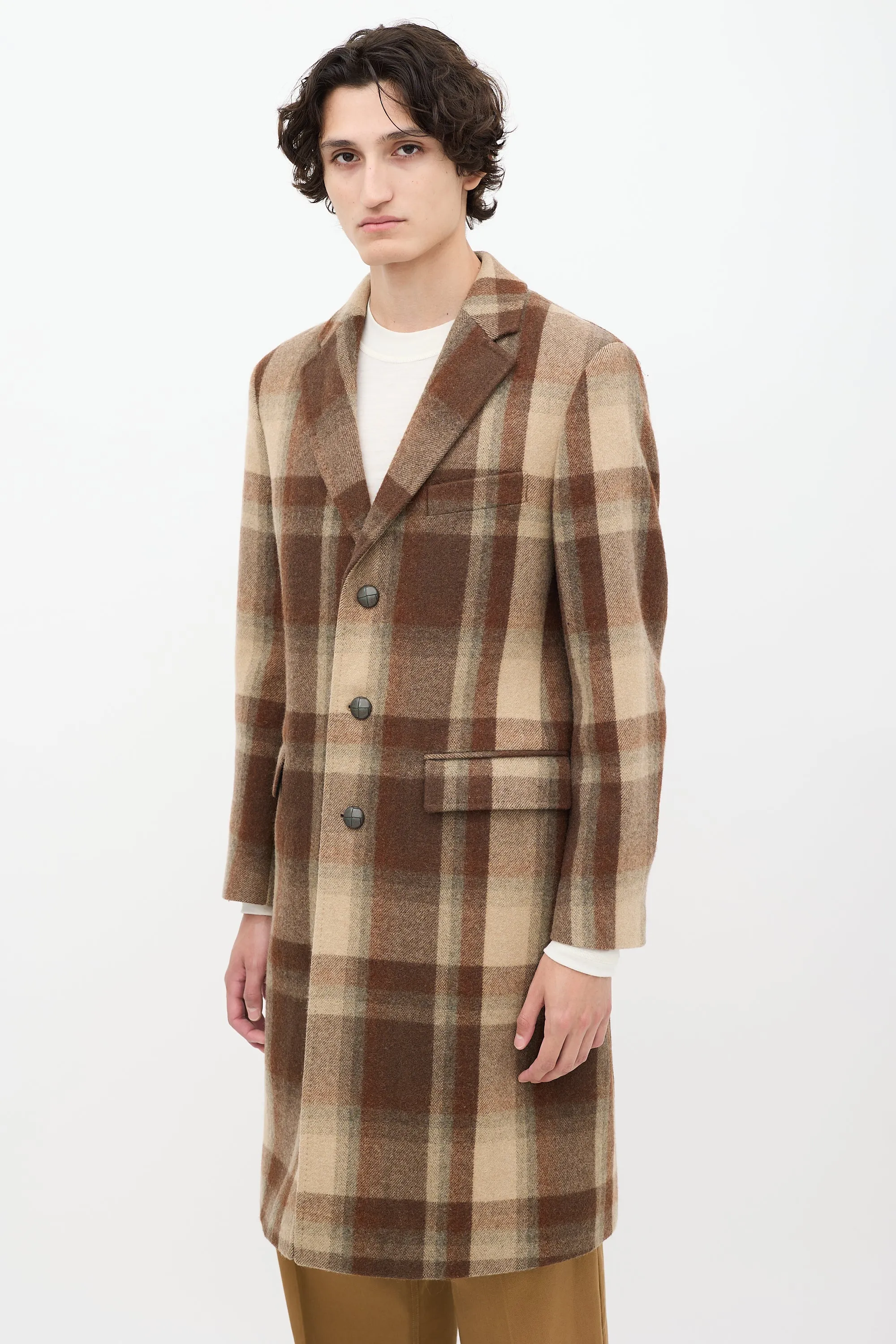 Brown Wool Check Long Coat