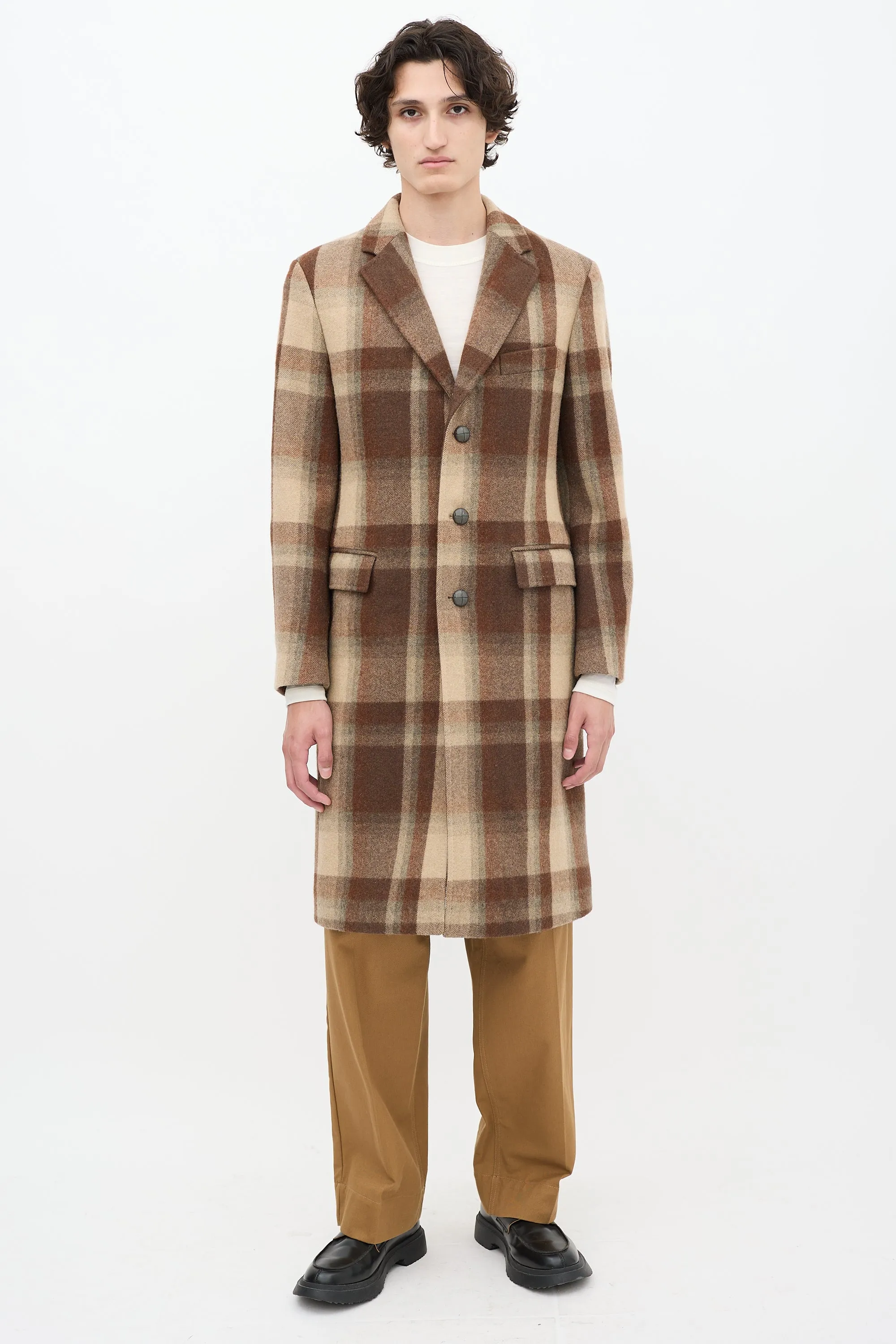 Brown Wool Check Long Coat