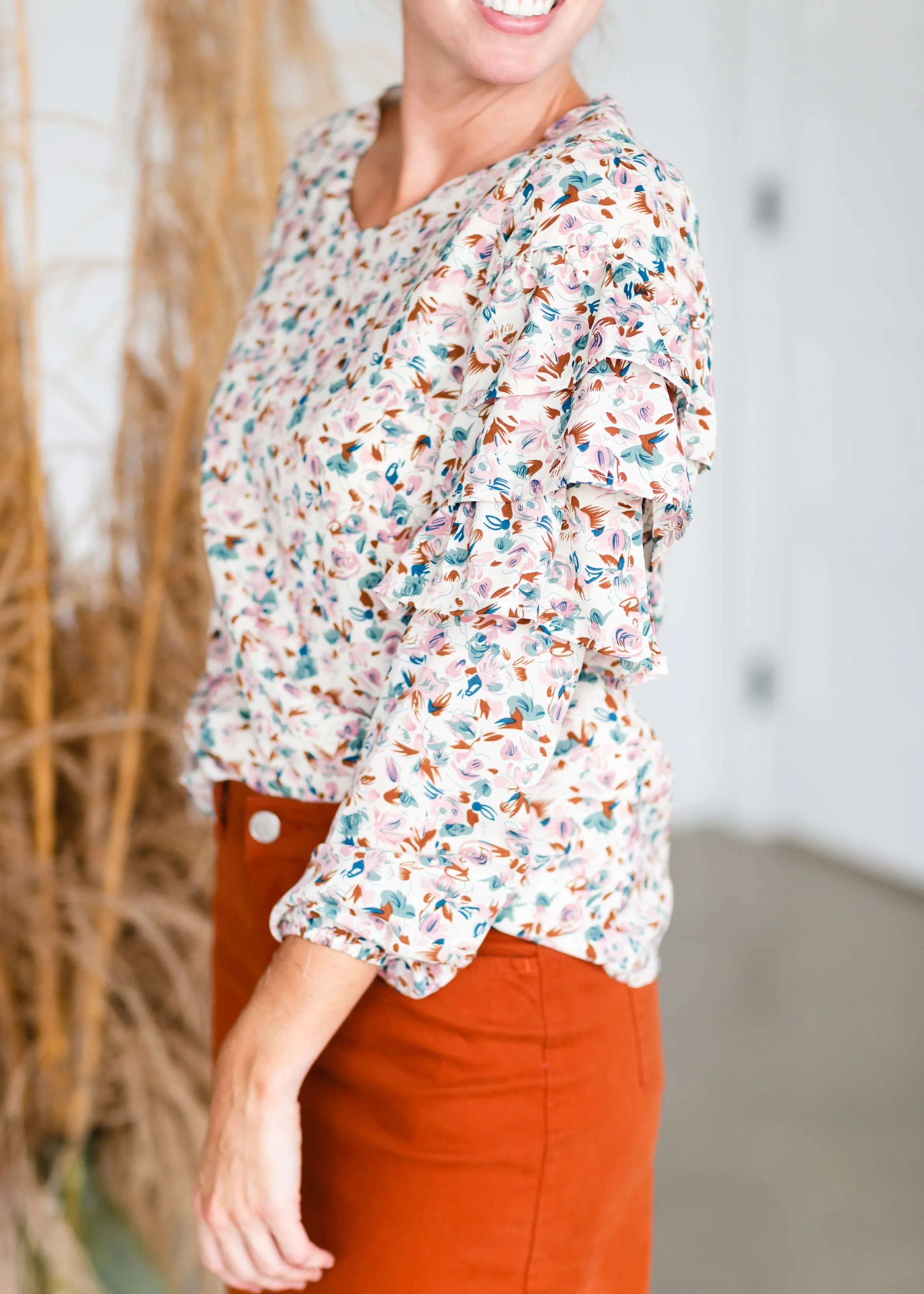 Cream Long Sleeve Floral Print Top - FINAL SALE