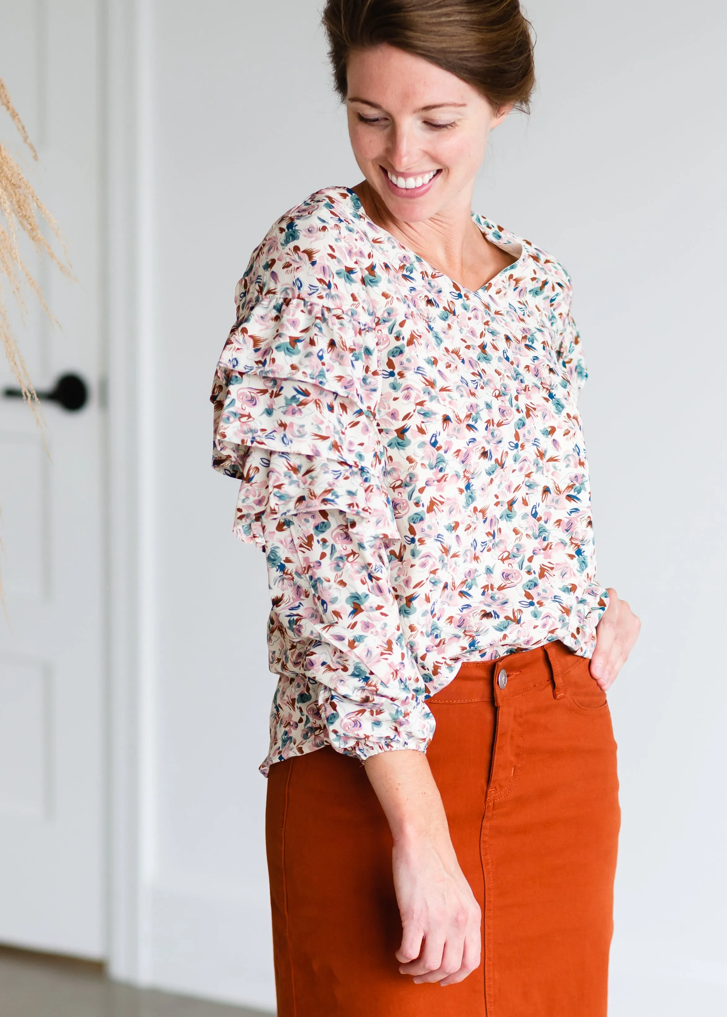 Cream Long Sleeve Floral Print Top - FINAL SALE
