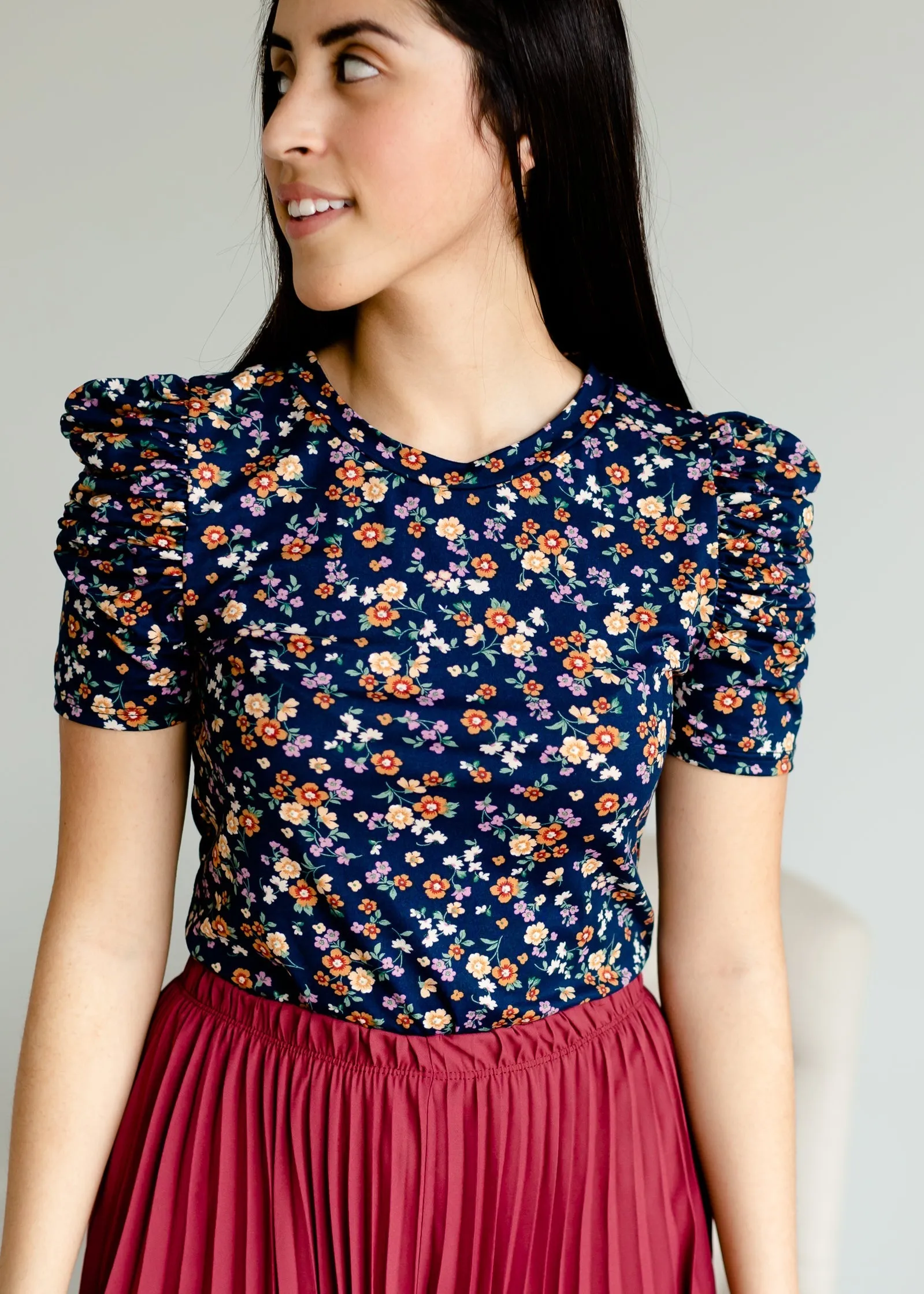 Navy Floral Puff Sleeve Tee