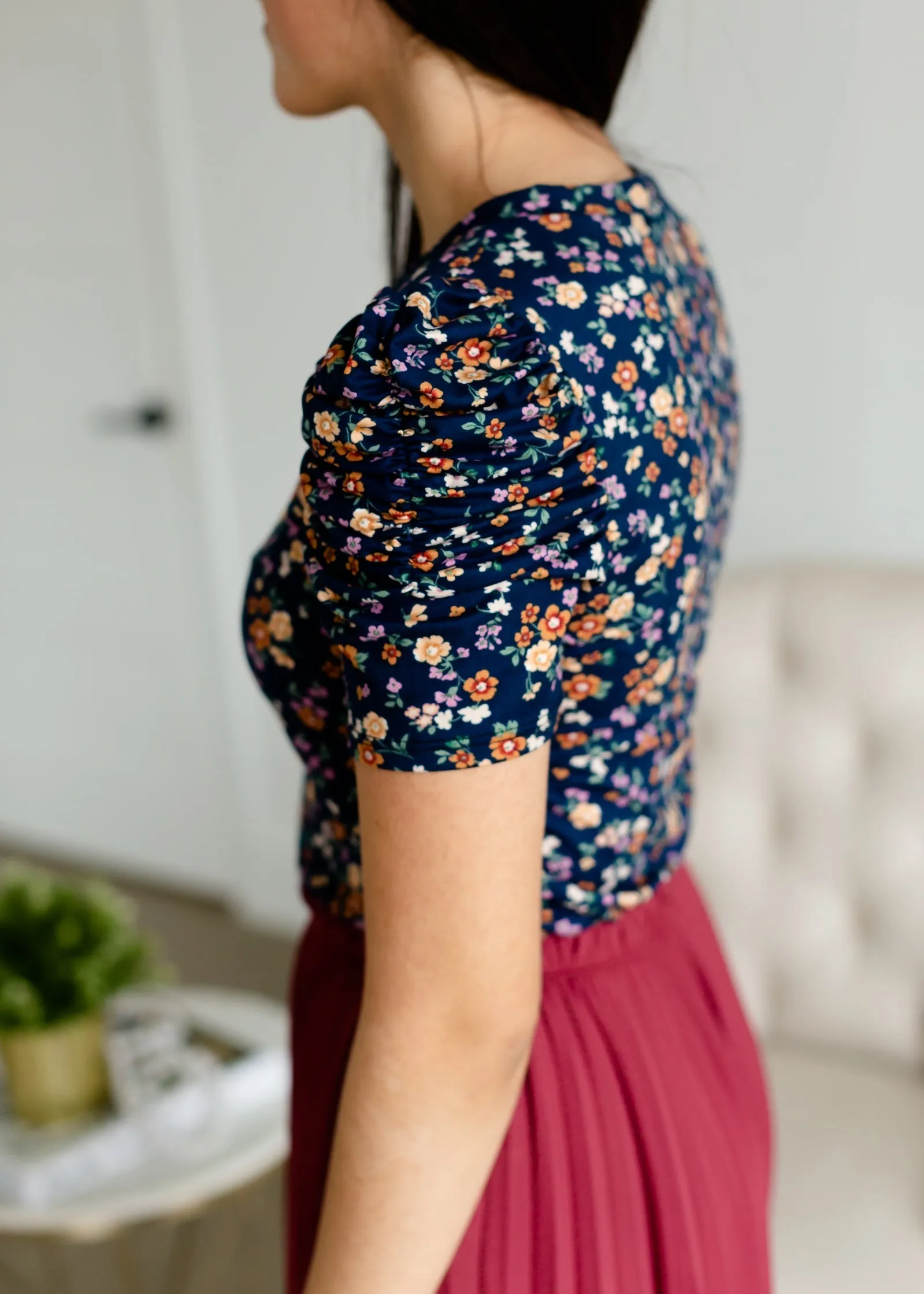 Navy Floral Puff Sleeve Tee