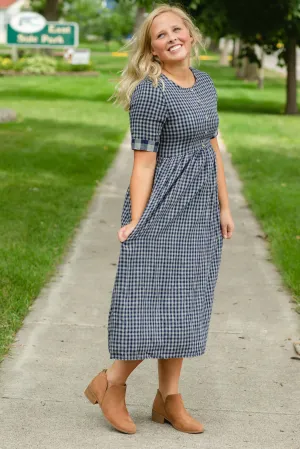 Navy Gingham Faux Button Up Midi Dress - FINAL SALE