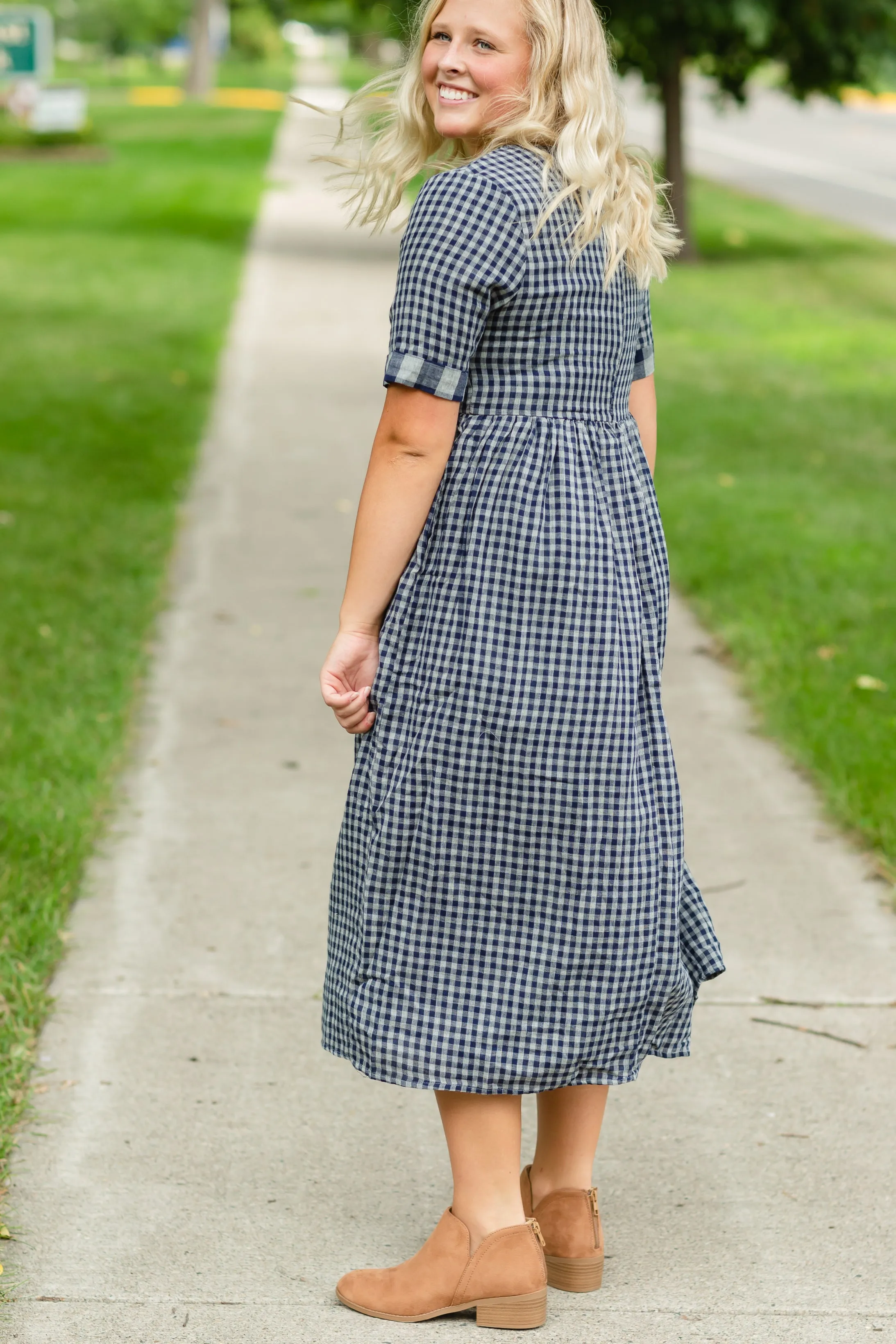 Navy Gingham Faux Button Up Midi Dress - FINAL SALE