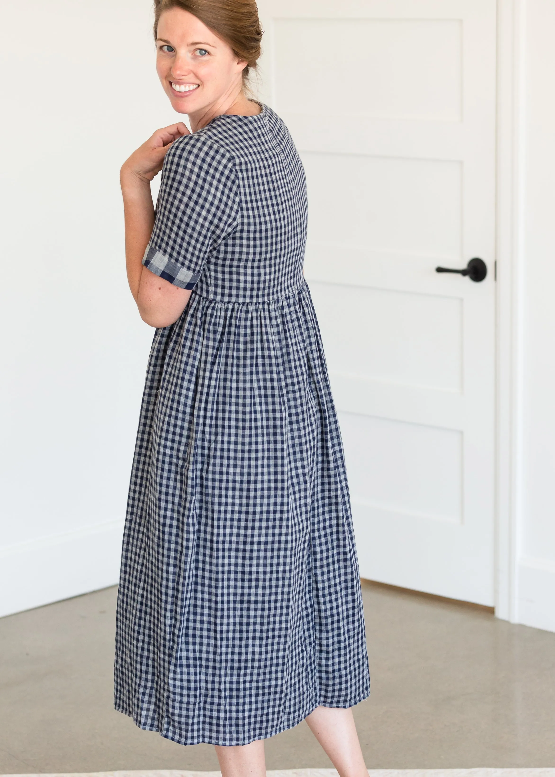 Navy Gingham Faux Button Up Midi Dress - FINAL SALE