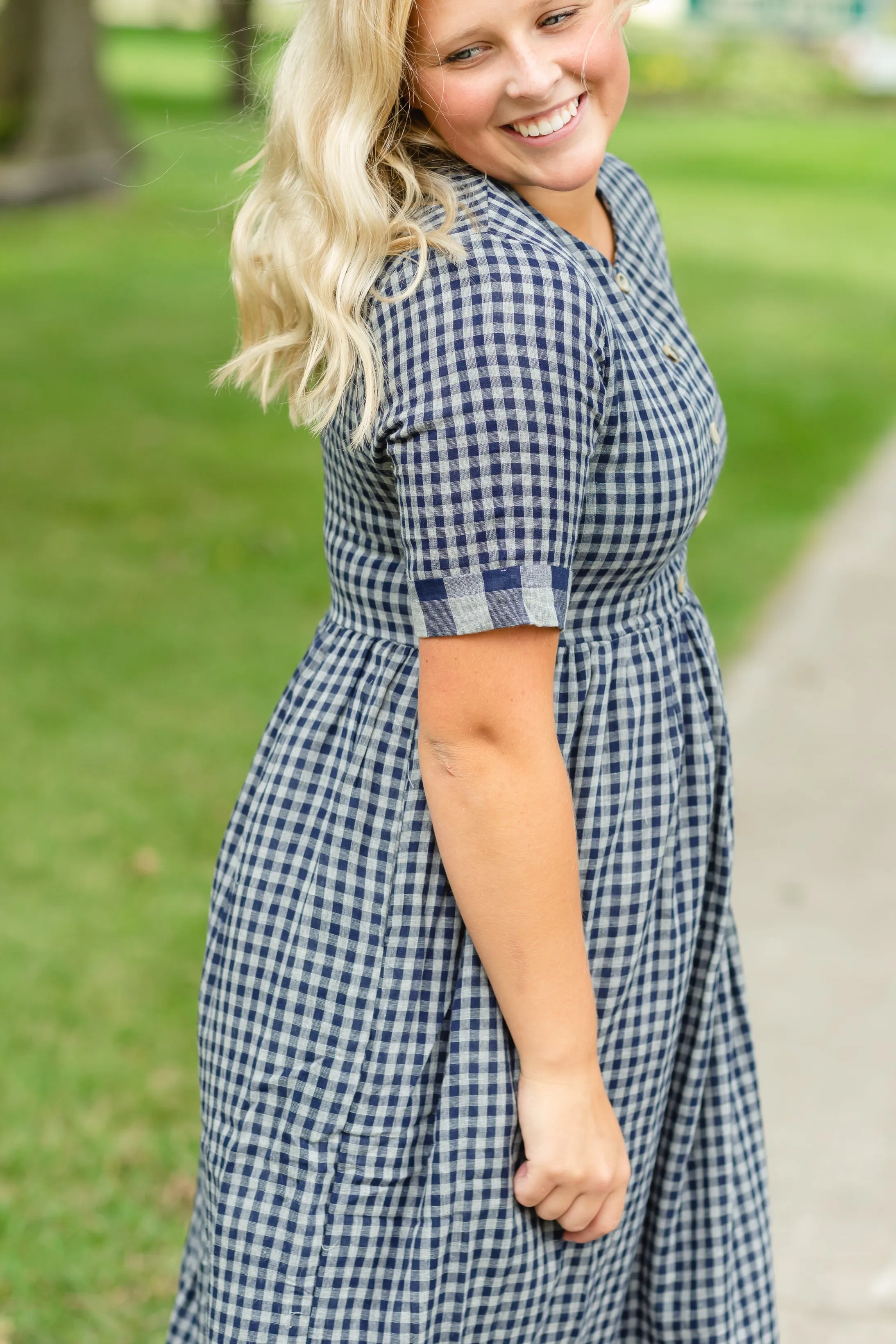 Navy Gingham Faux Button Up Midi Dress - FINAL SALE