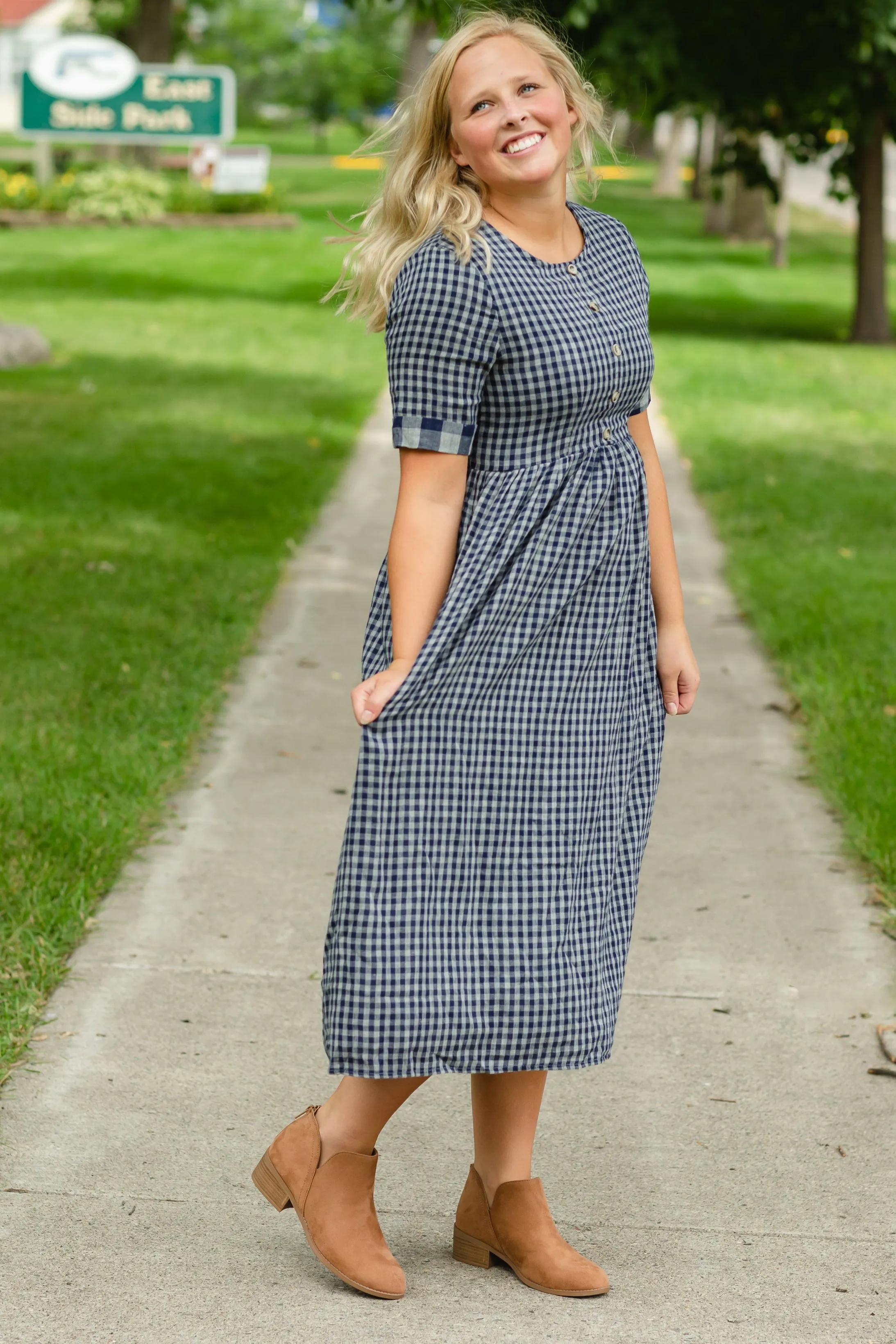 Navy Gingham Faux Button Up Midi Dress - FINAL SALE
