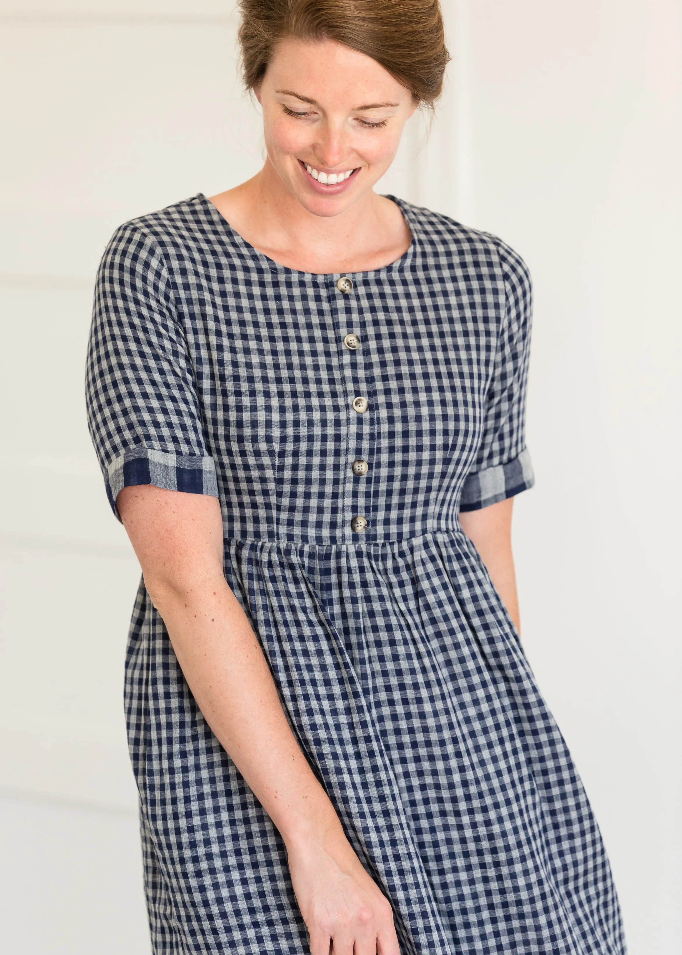 Navy Gingham Faux Button Up Midi Dress - FINAL SALE