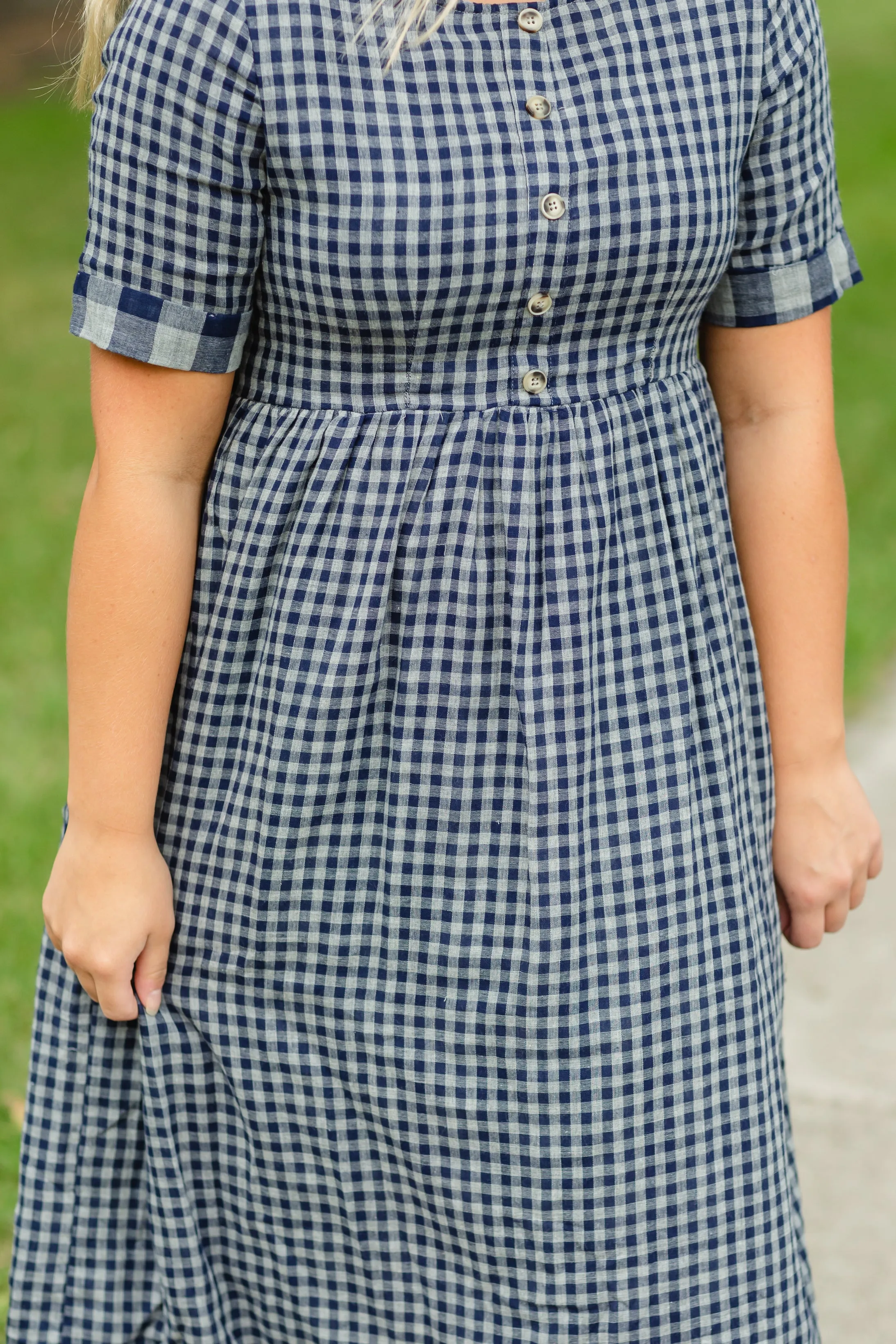 Navy Gingham Faux Button Up Midi Dress - FINAL SALE