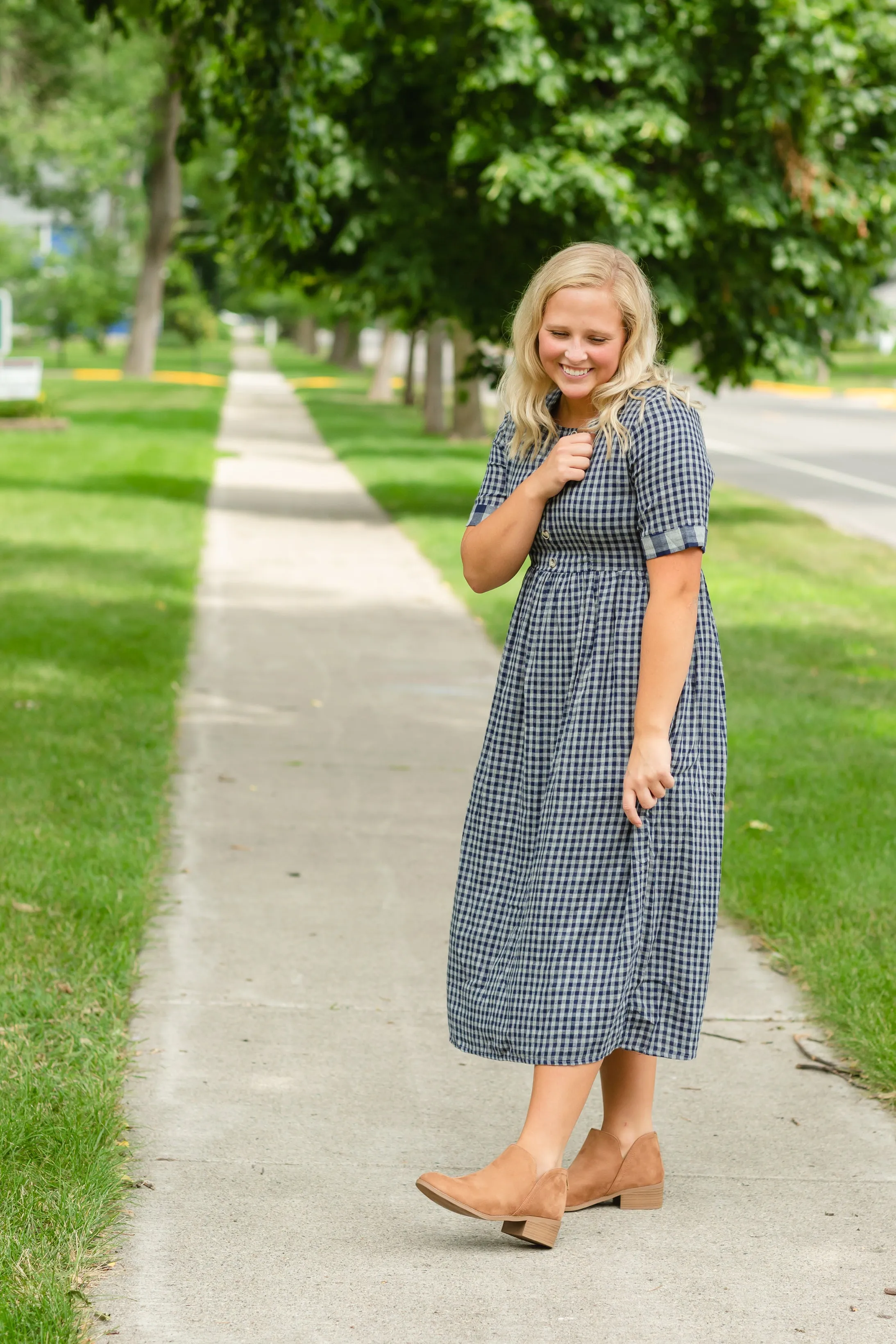 Navy Gingham Faux Button Up Midi Dress - FINAL SALE