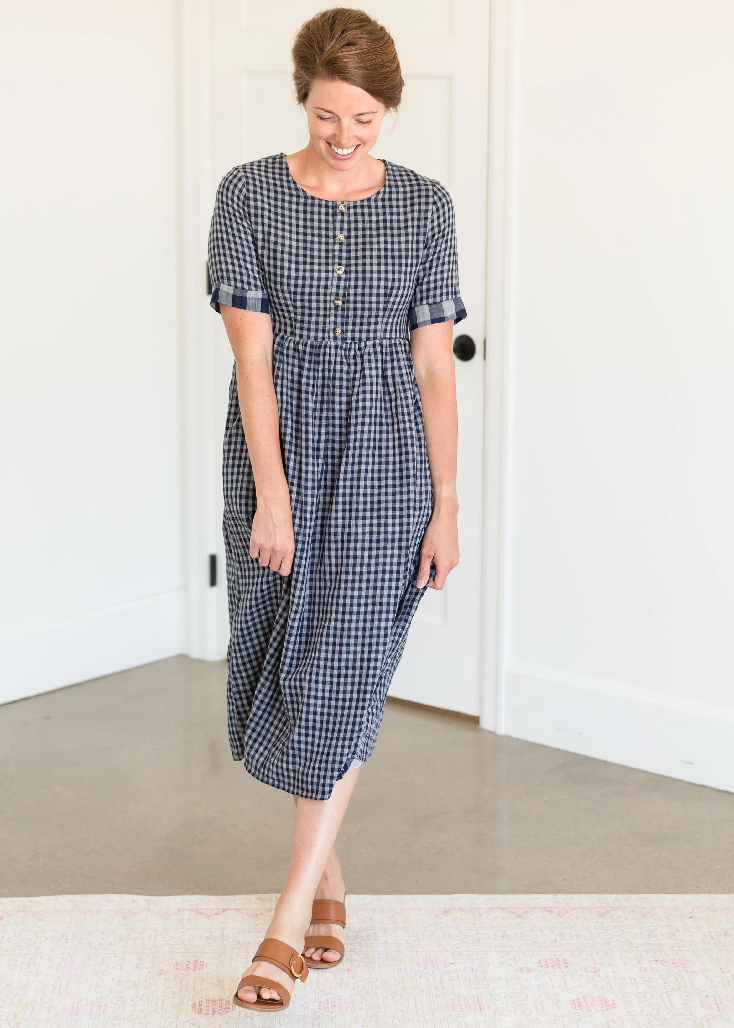 Navy Gingham Faux Button Up Midi Dress - FINAL SALE