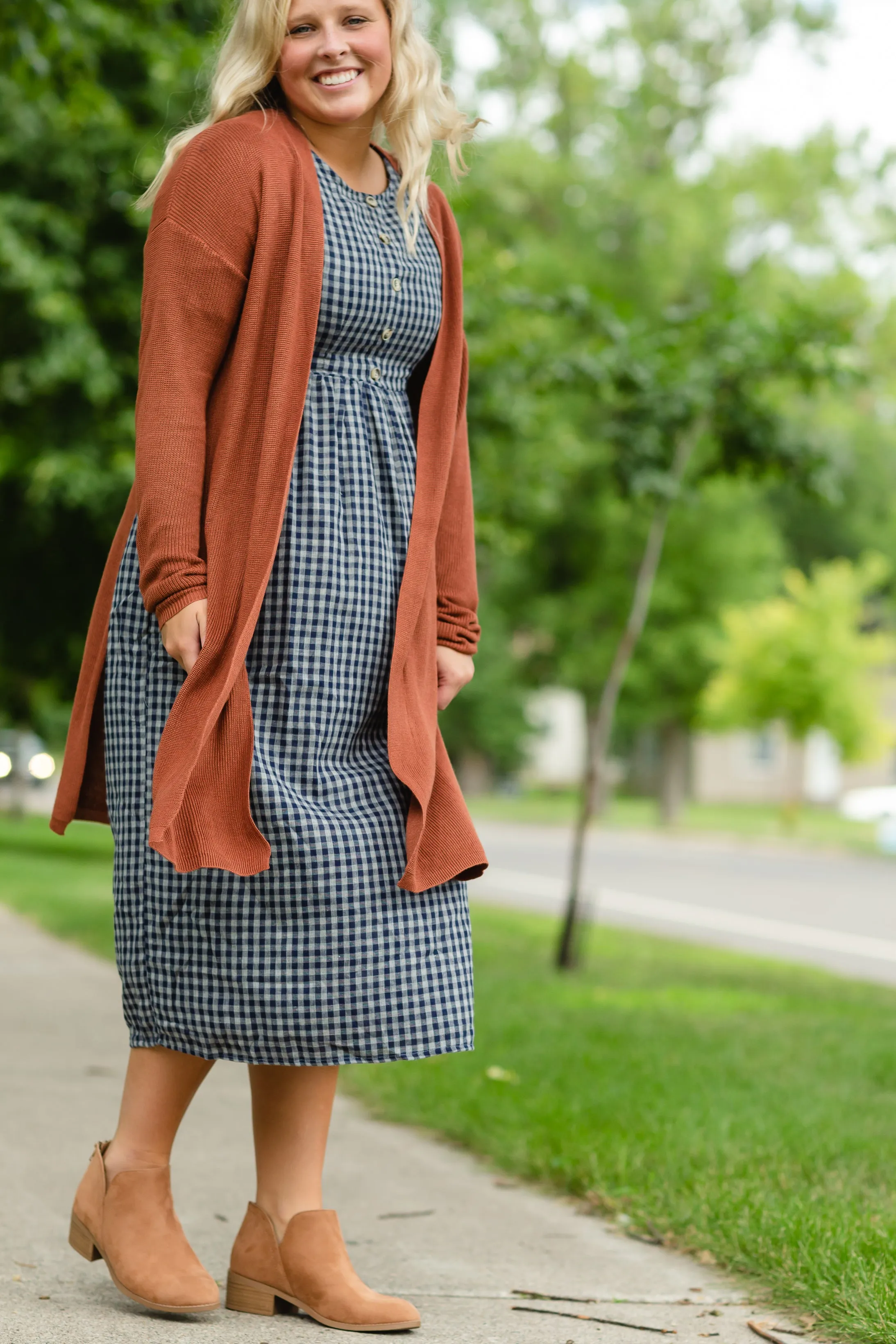 Navy Gingham Faux Button Up Midi Dress - FINAL SALE