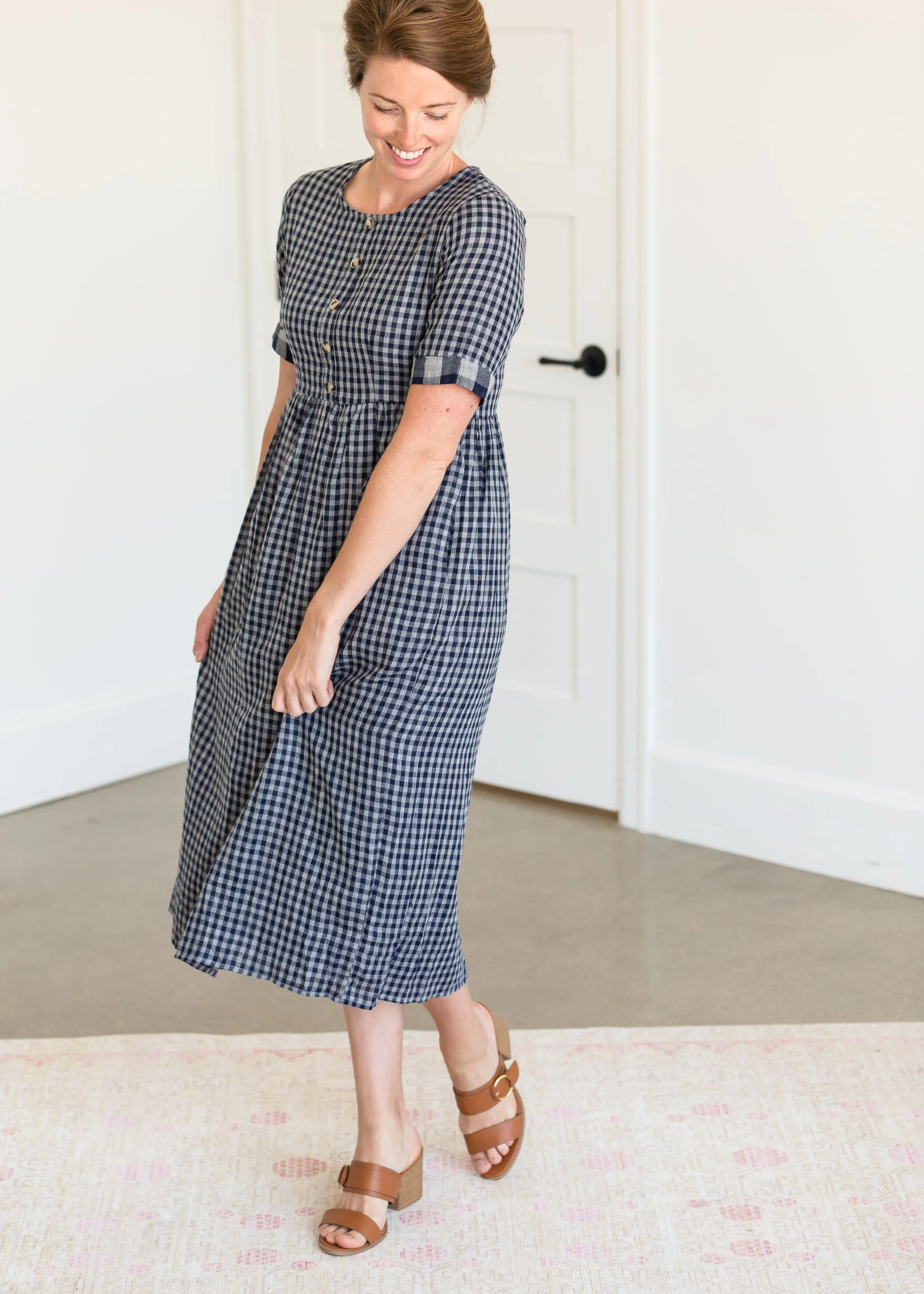 Navy Gingham Faux Button Up Midi Dress - FINAL SALE
