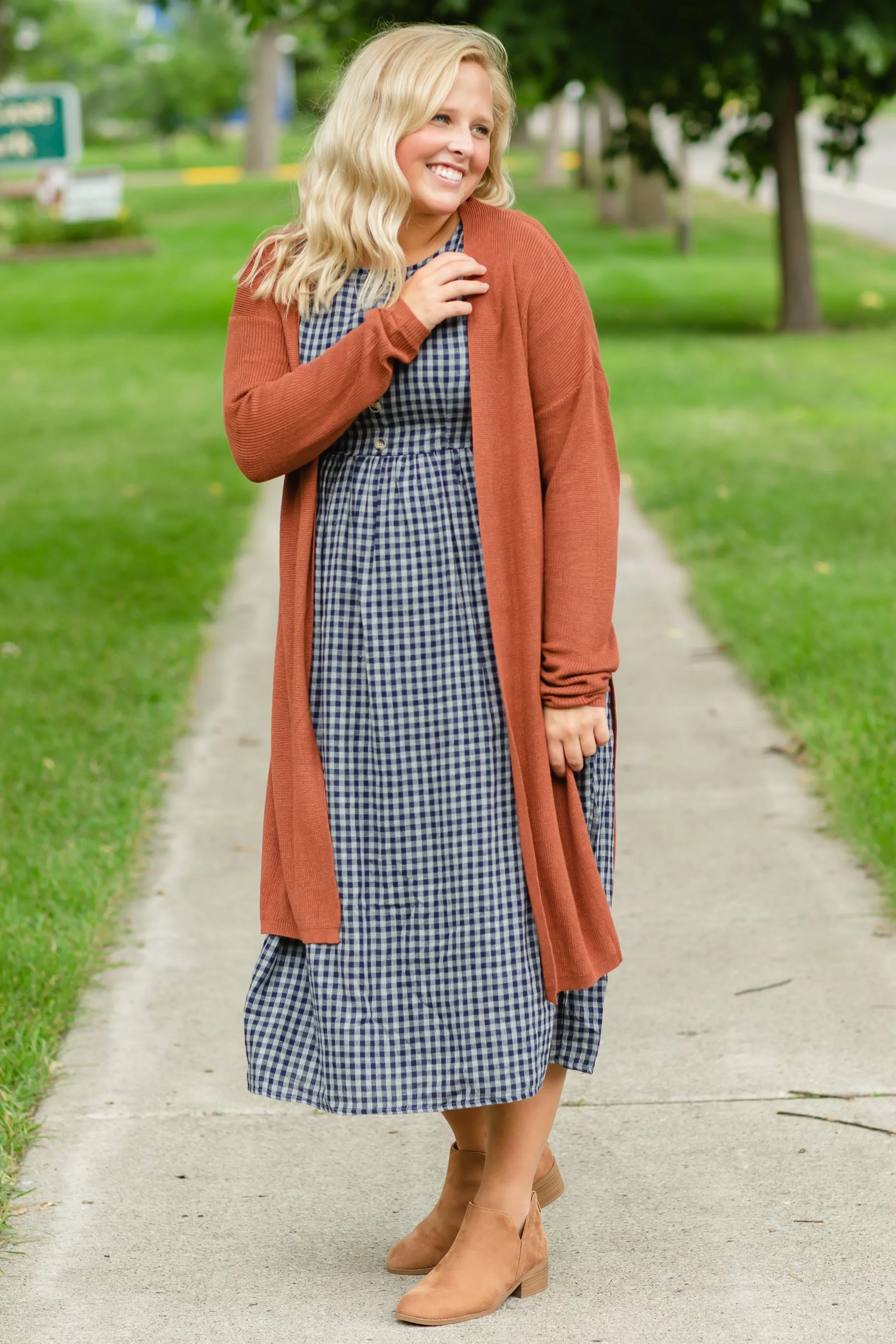 Navy Gingham Faux Button Up Midi Dress - FINAL SALE