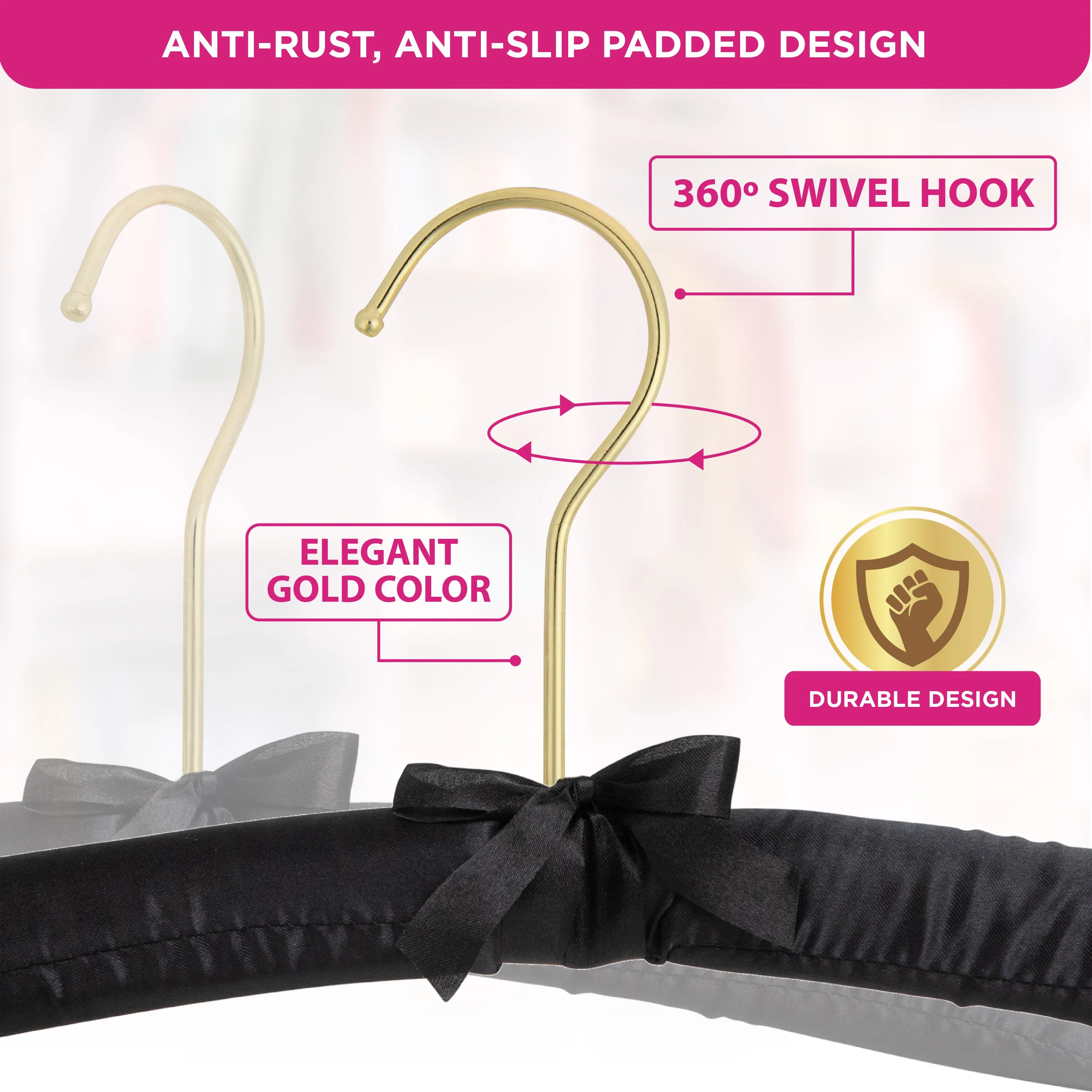 Padded Hangers -Set of 12 Premium Heavy Duty Thick Satin Soft Fabric No Shoulder Bump Hangers with Gold Hooks for Women's Clothes, Sweaters, Dresses, Clothing, Coats, Weddings, Lingerie