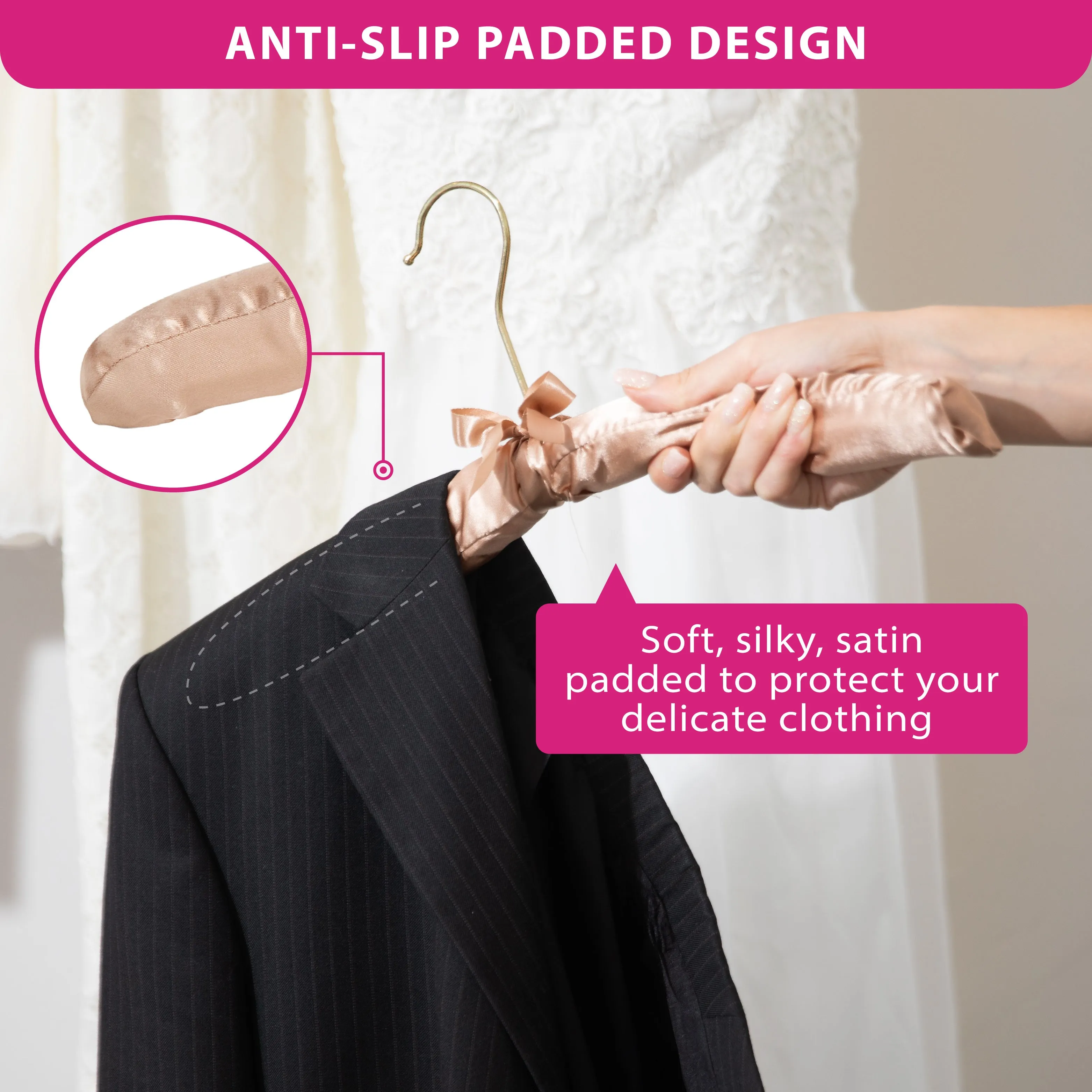 Padded Hangers -Set of 12 Premium Heavy Duty Thick Satin Soft Fabric No Shoulder Bump Hangers with Gold Hooks for Women's Clothes, Sweaters, Dresses, Clothing, Coats, Weddings, Lingerie