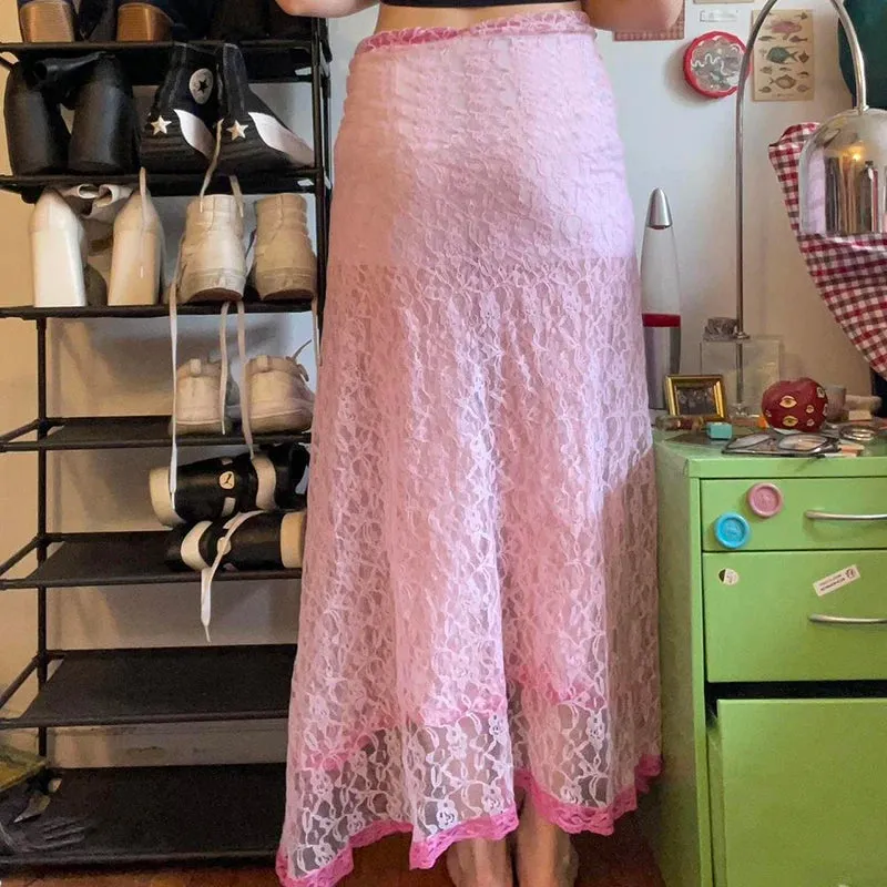 TAVIMART  -  Women Sweet Pink Lace Split Skirt Y2K Streetwear Contrast Aesthetic Stylish Flowy Long Skirts Cute Outfits Summer