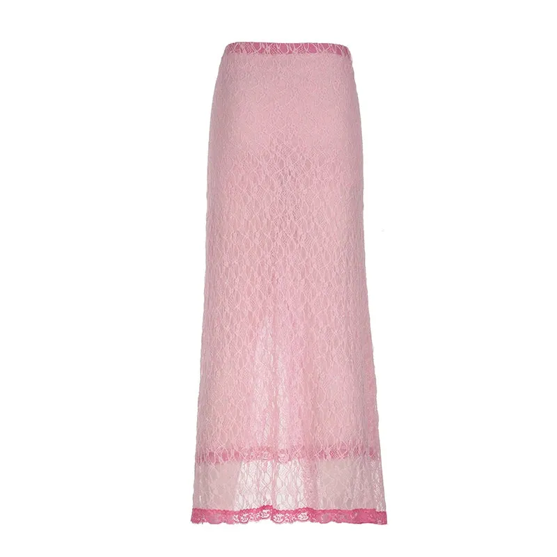 TAVIMART  -  Women Sweet Pink Lace Split Skirt Y2K Streetwear Contrast Aesthetic Stylish Flowy Long Skirts Cute Outfits Summer