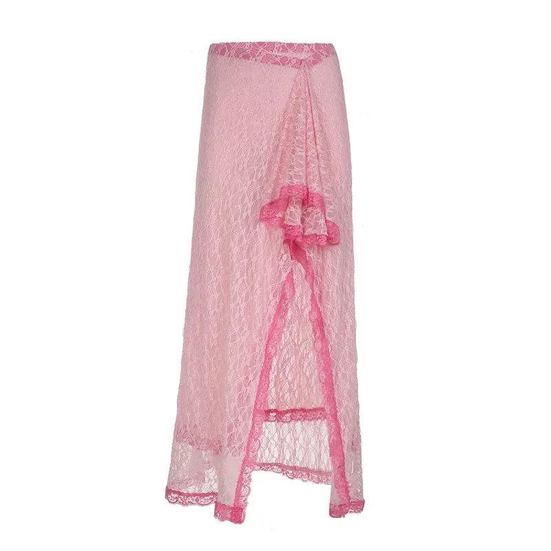 TAVIMART  -  Women Sweet Pink Lace Split Skirt Y2K Streetwear Contrast Aesthetic Stylish Flowy Long Skirts Cute Outfits Summer