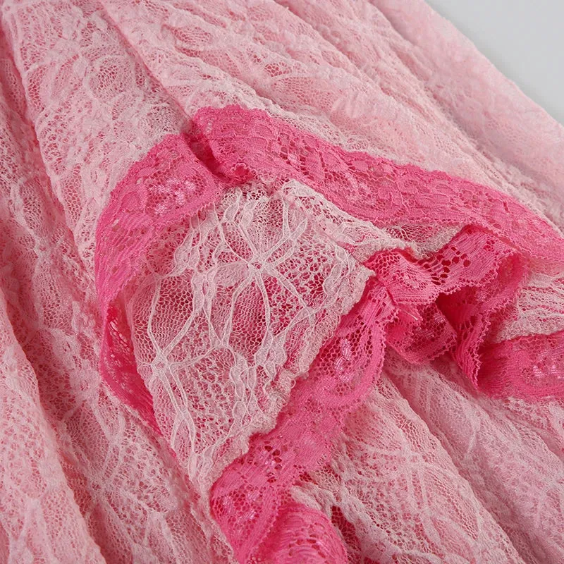 TAVIMART  -  Women Sweet Pink Lace Split Skirt Y2K Streetwear Contrast Aesthetic Stylish Flowy Long Skirts Cute Outfits Summer
