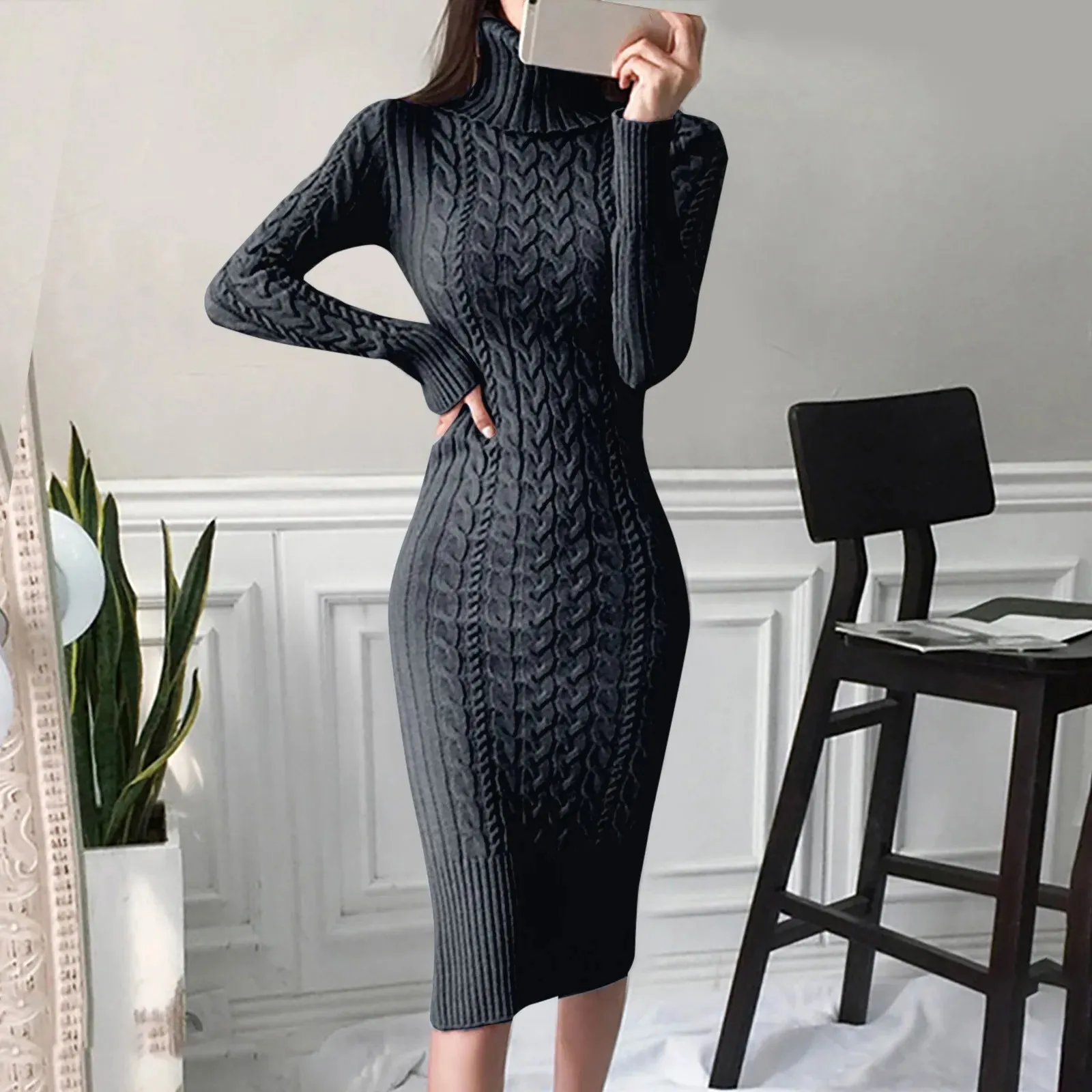 Women's Sweater Dress Long Sleeve Turtleneck Knitted Dresses Solid Color Thick Warm Knit Autumn Winter Mid-Length Sweaters Dress