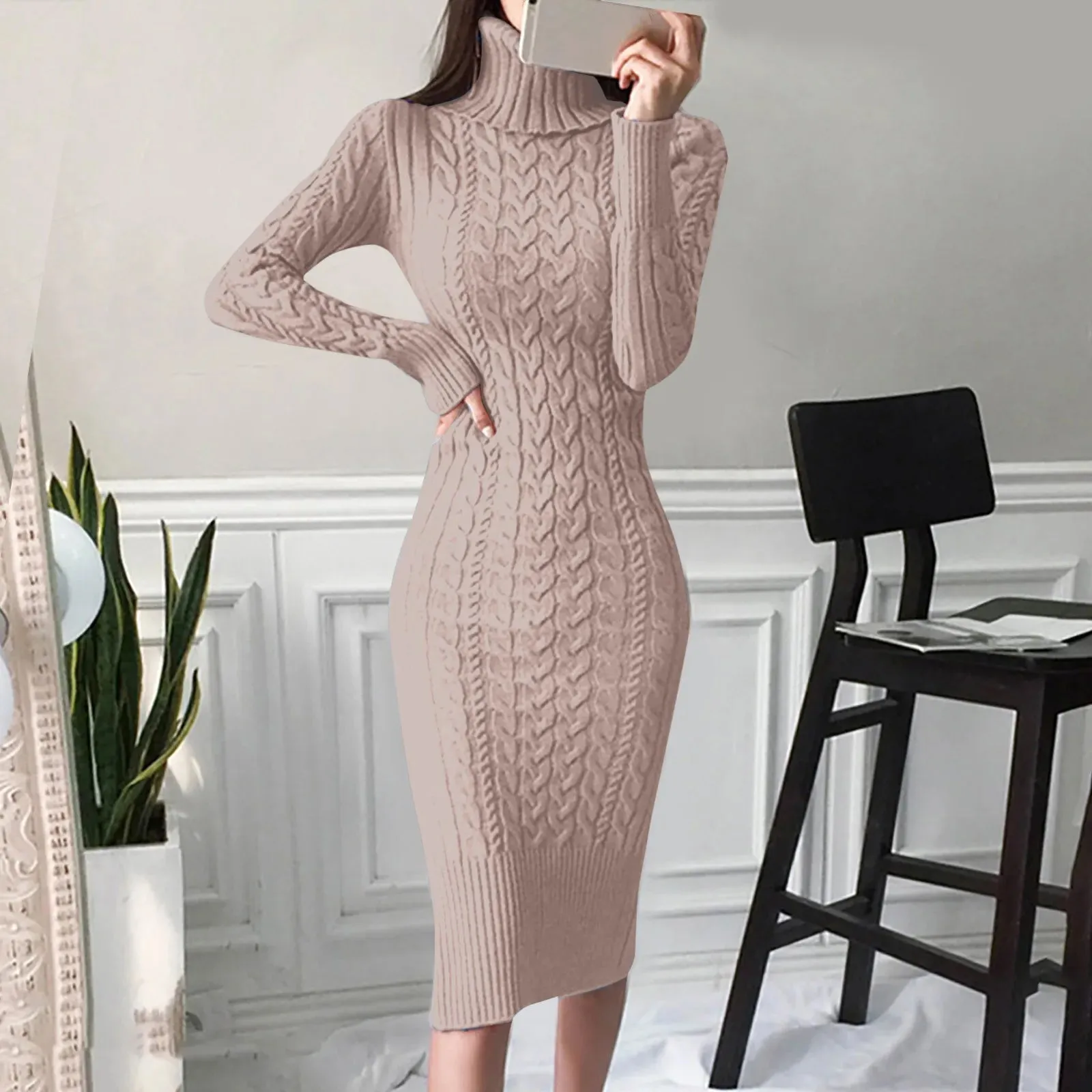 Women's Sweater Dress Long Sleeve Turtleneck Knitted Dresses Solid Color Thick Warm Knit Autumn Winter Mid-Length Sweaters Dress