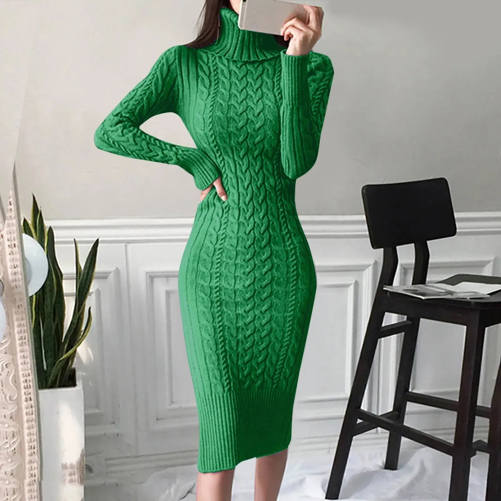 Women's Sweater Dress Long Sleeve Turtleneck Knitted Dresses Solid Color Thick Warm Knit Autumn Winter Mid-Length Sweaters Dress