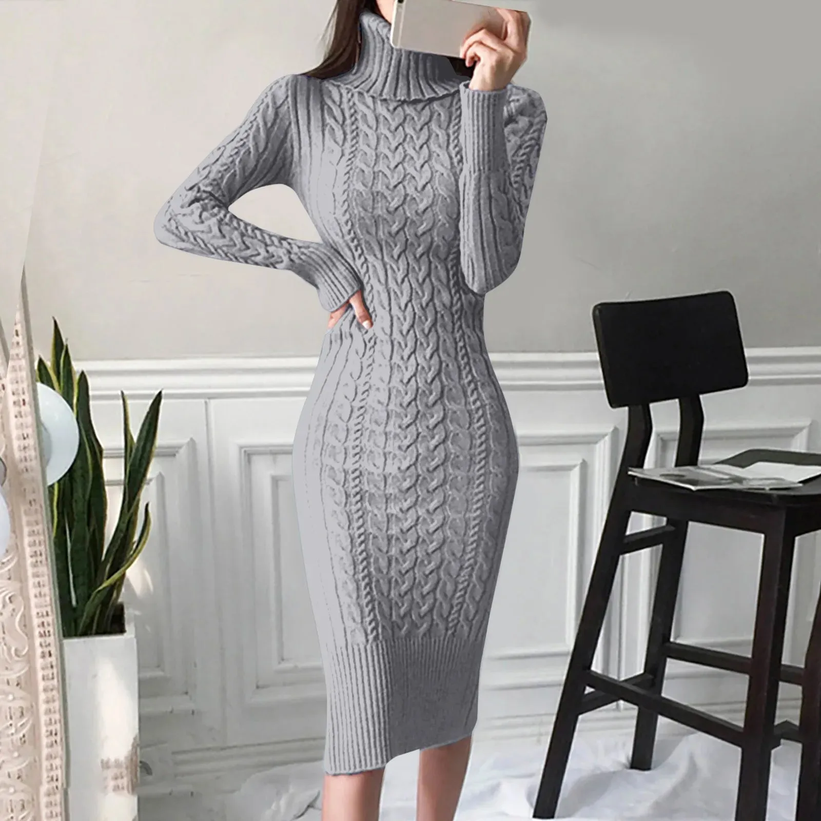 Women's Sweater Dress Long Sleeve Turtleneck Knitted Dresses Solid Color Thick Warm Knit Autumn Winter Mid-Length Sweaters Dress