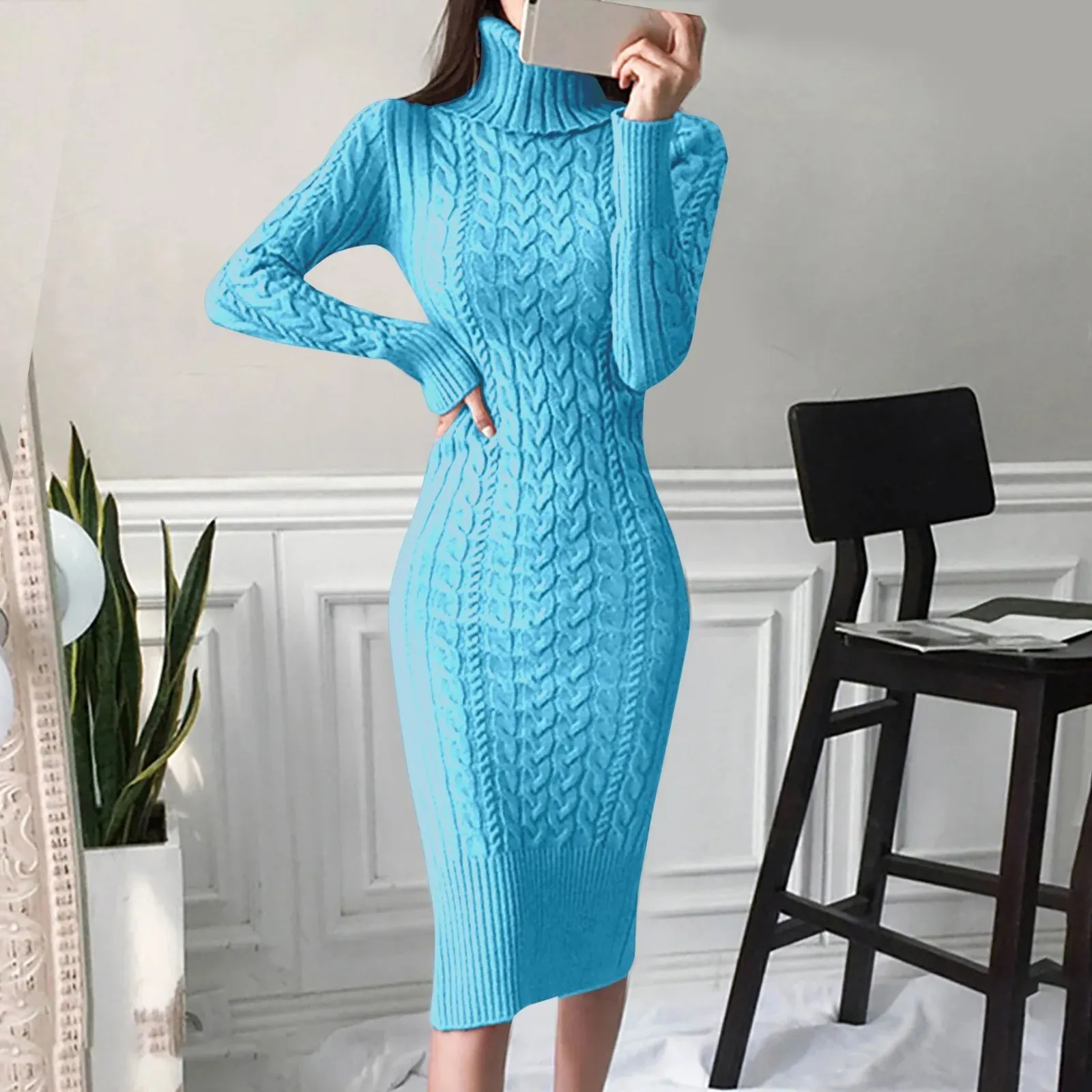 Women's Sweater Dress Long Sleeve Turtleneck Knitted Dresses Solid Color Thick Warm Knit Autumn Winter Mid-Length Sweaters Dress